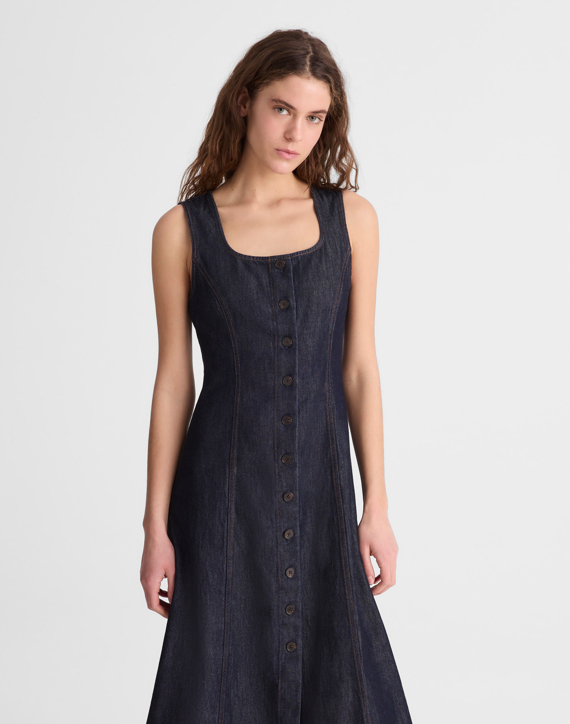 Madewell Denim Squareneck Button-front Midi Dress In Blue