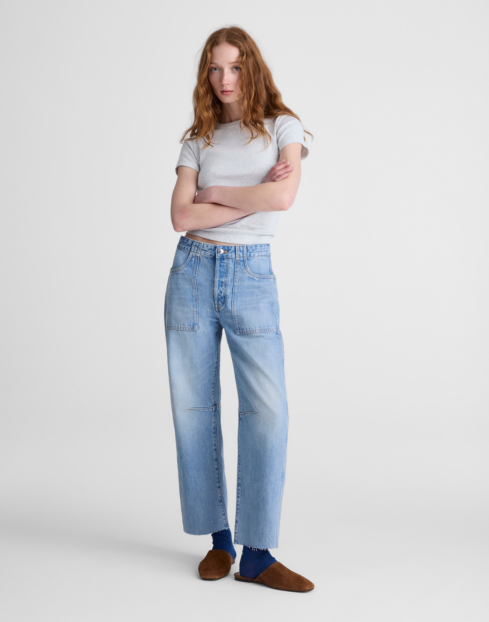 the darted utility barrel-leg jean in faded horizon