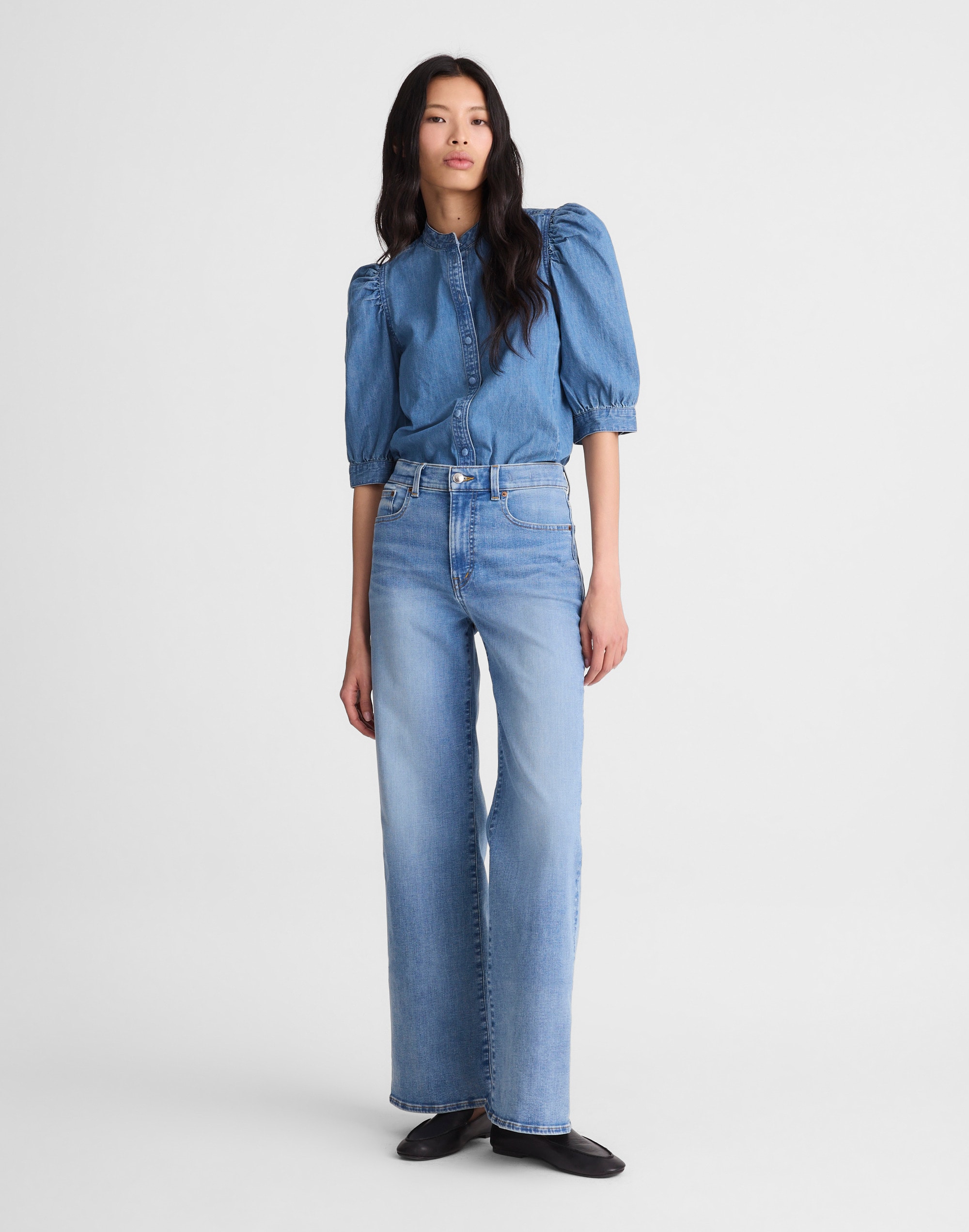 Denim Puff-Sleeve Band-Collar Shirt