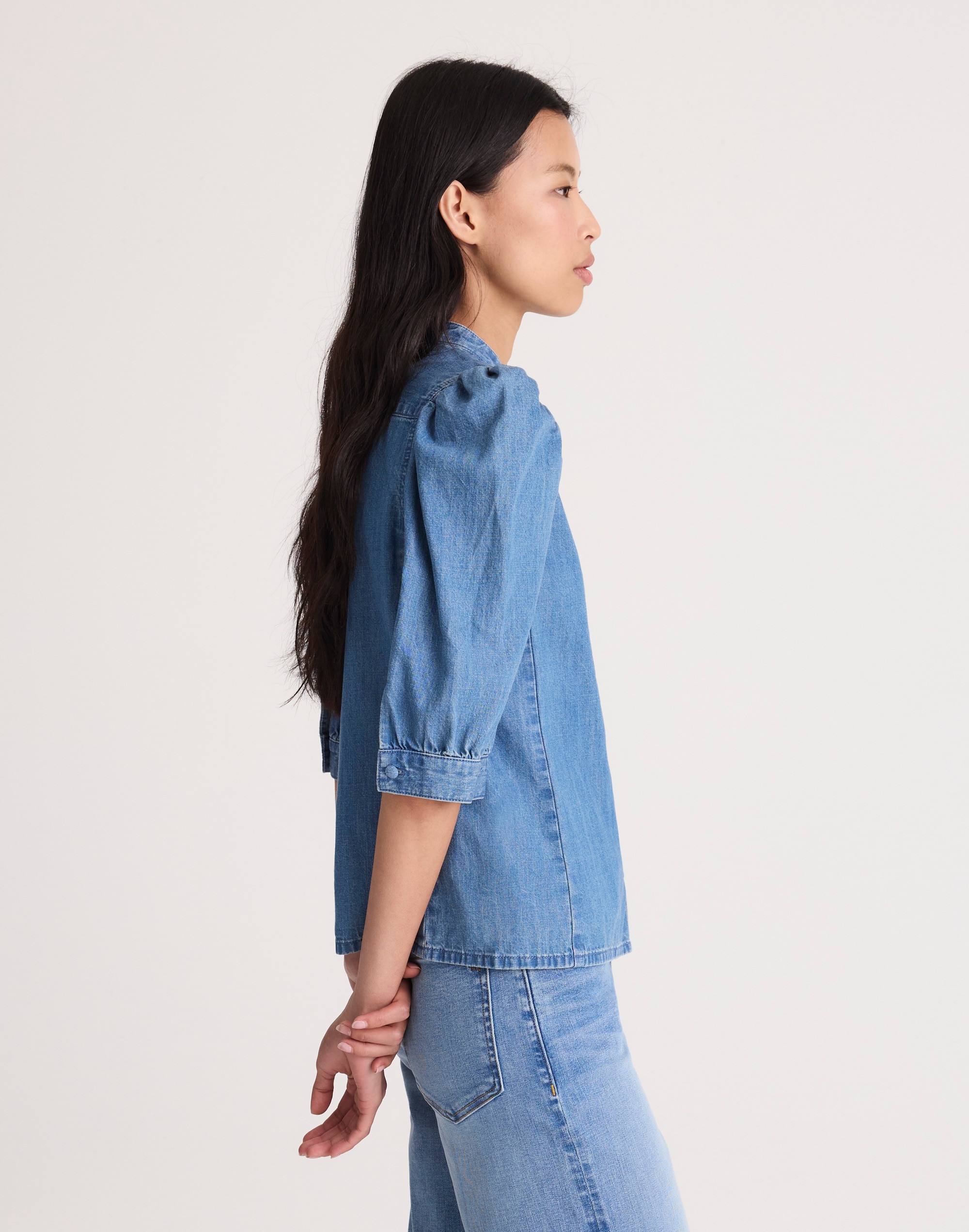 Denim Puff-Sleeve Band-Collar Shirt