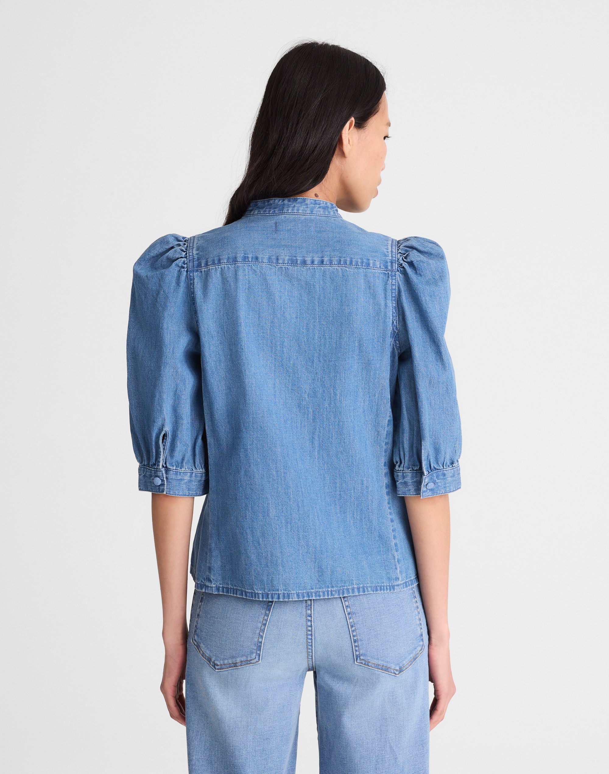 Denim Puff-Sleeve Band-Collar Shirt