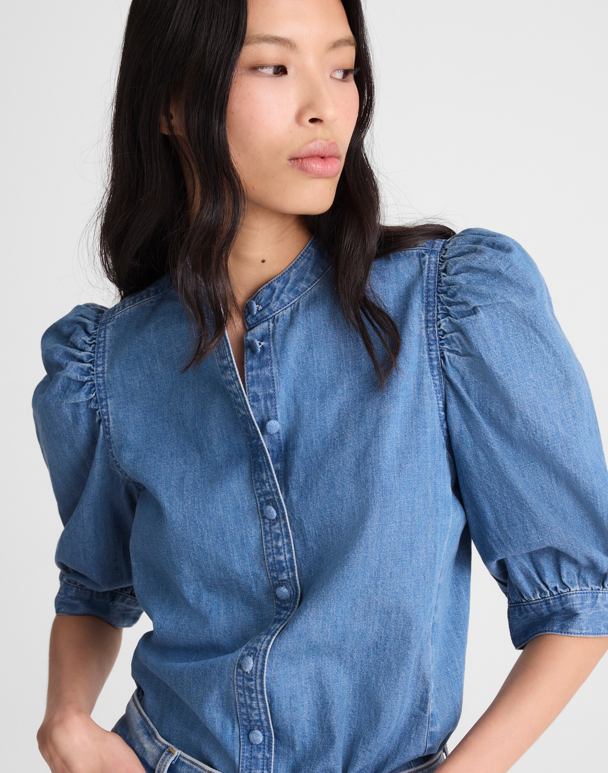 Denim Puff-Sleeve Band-Collar Shirt