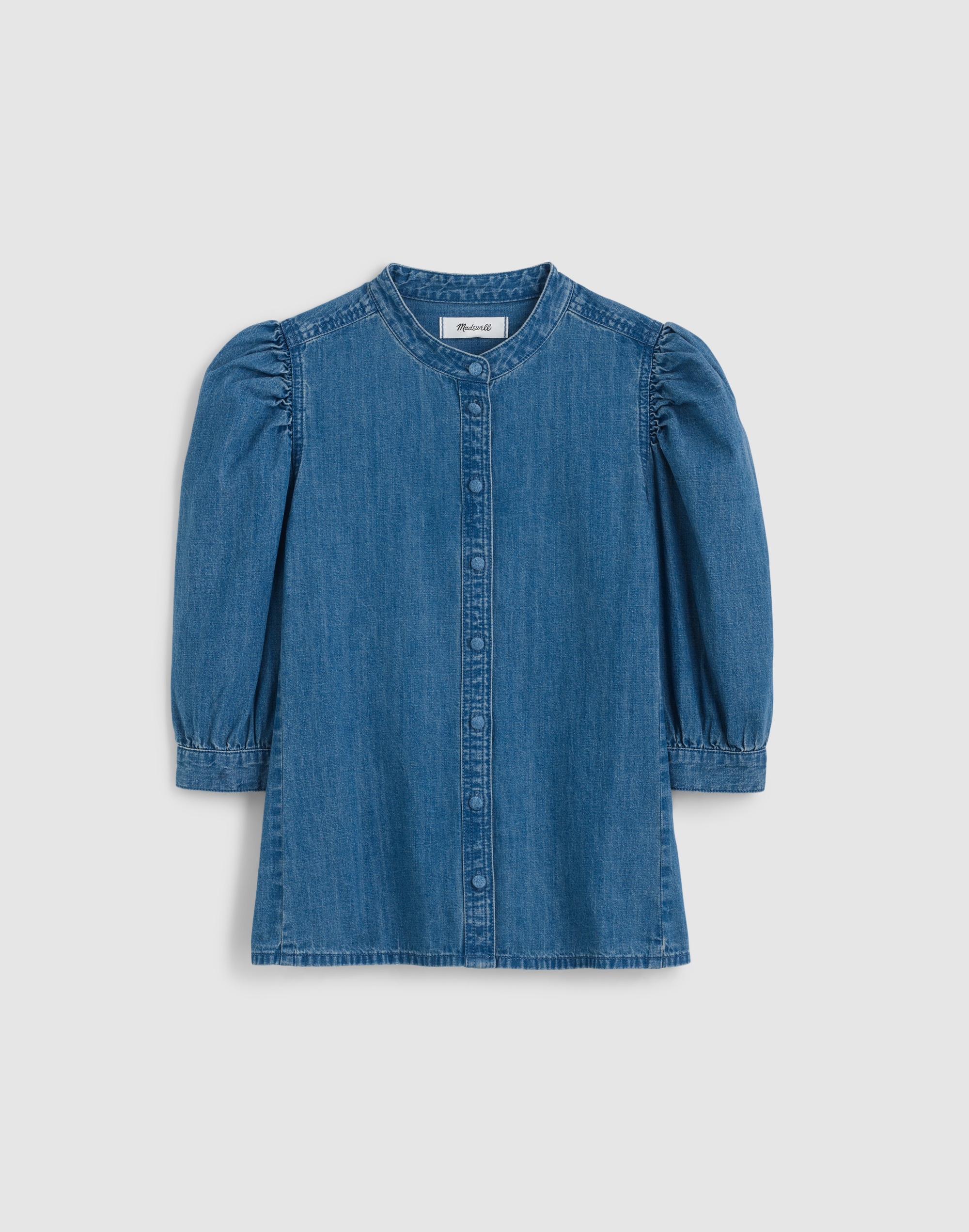 Denim Puff-Sleeve Band-Collar Shirt