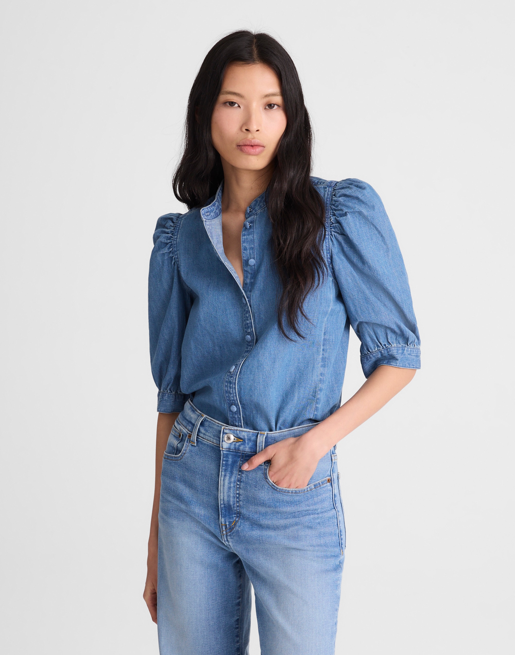 Denim Puff-Sleeve Band-Collar Shirt