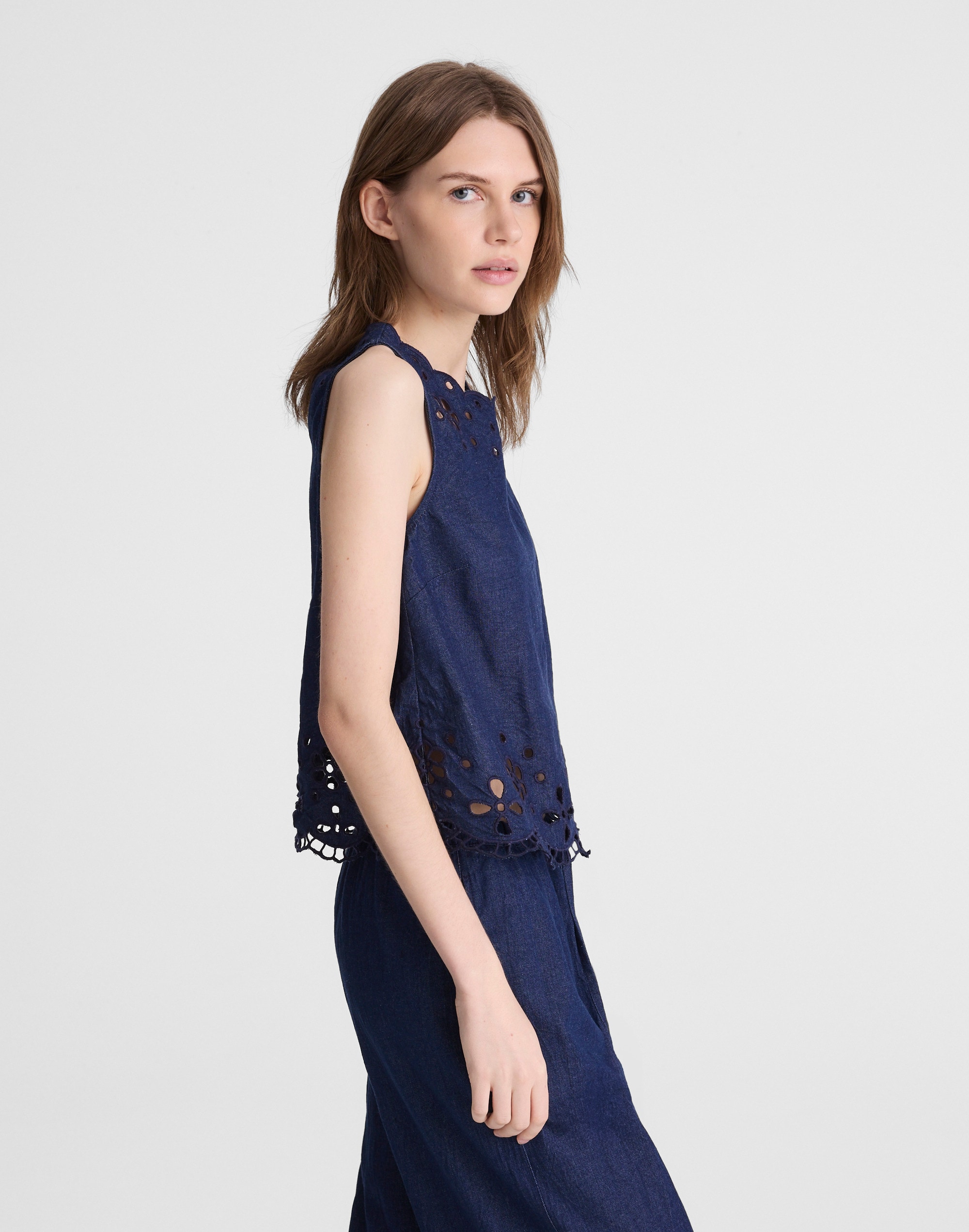 Denim Embroidered Shell Top