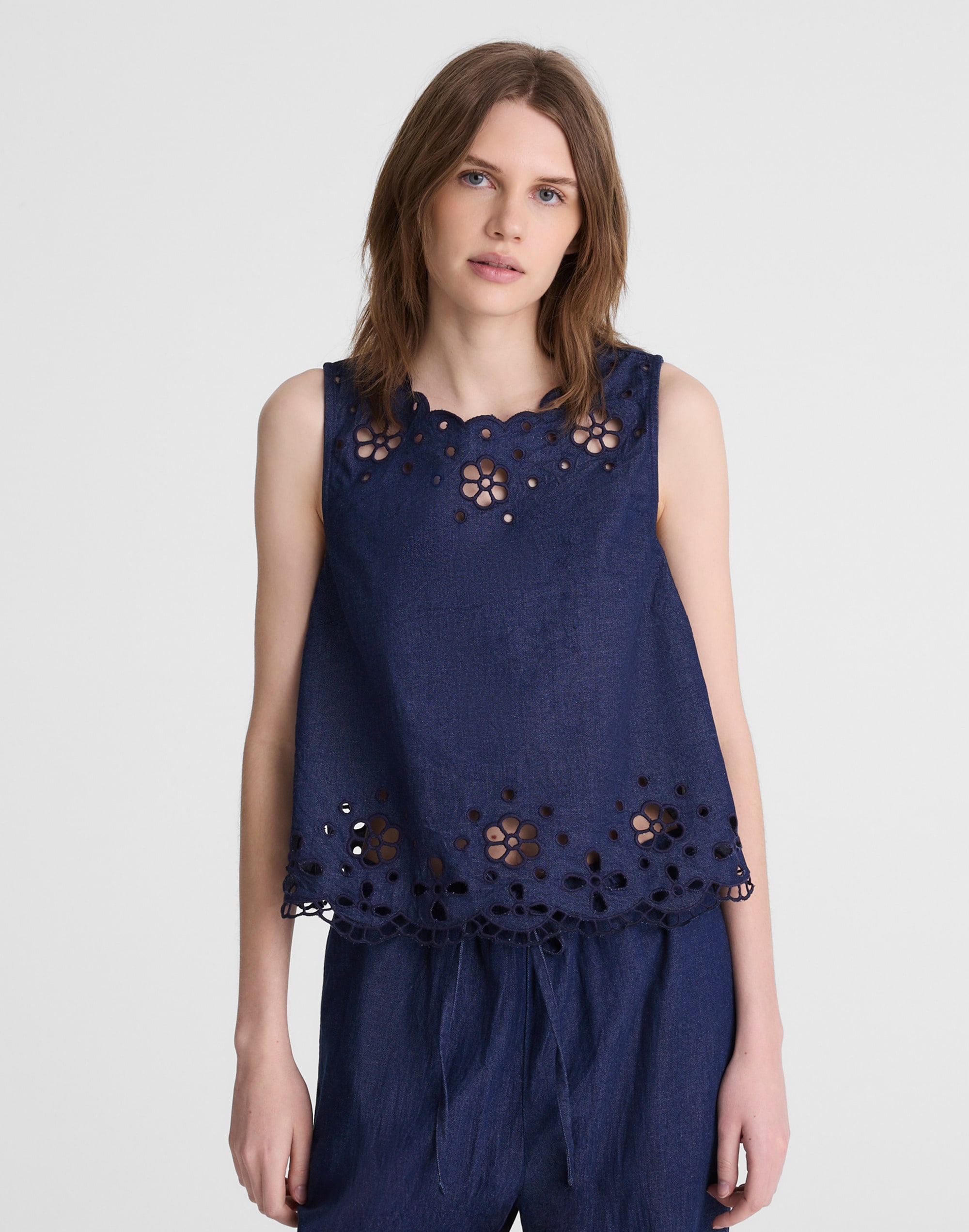 Denim Embroidered Shell Top