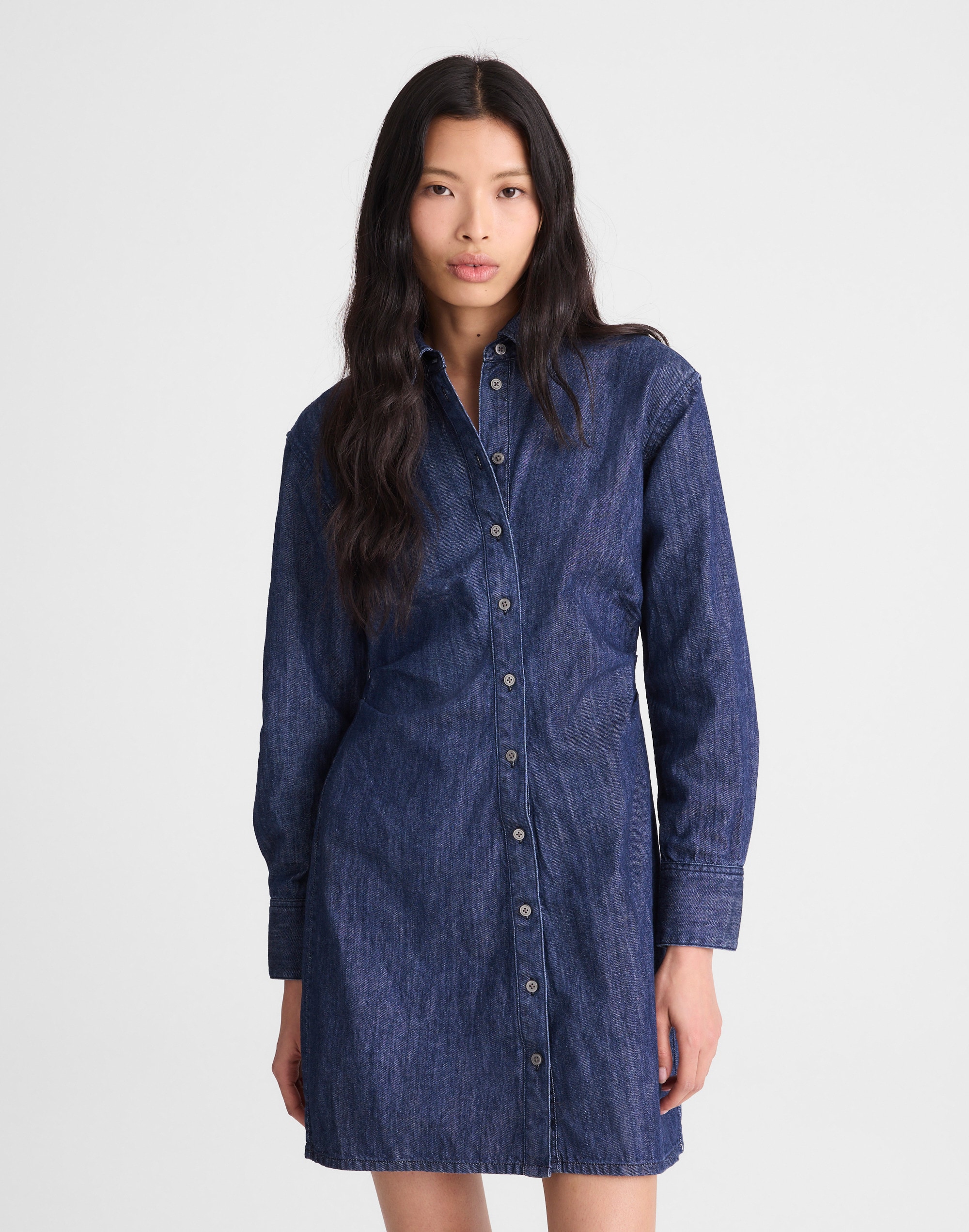 Denim Ruched Mini Shirtdress in Light Rinse Wash