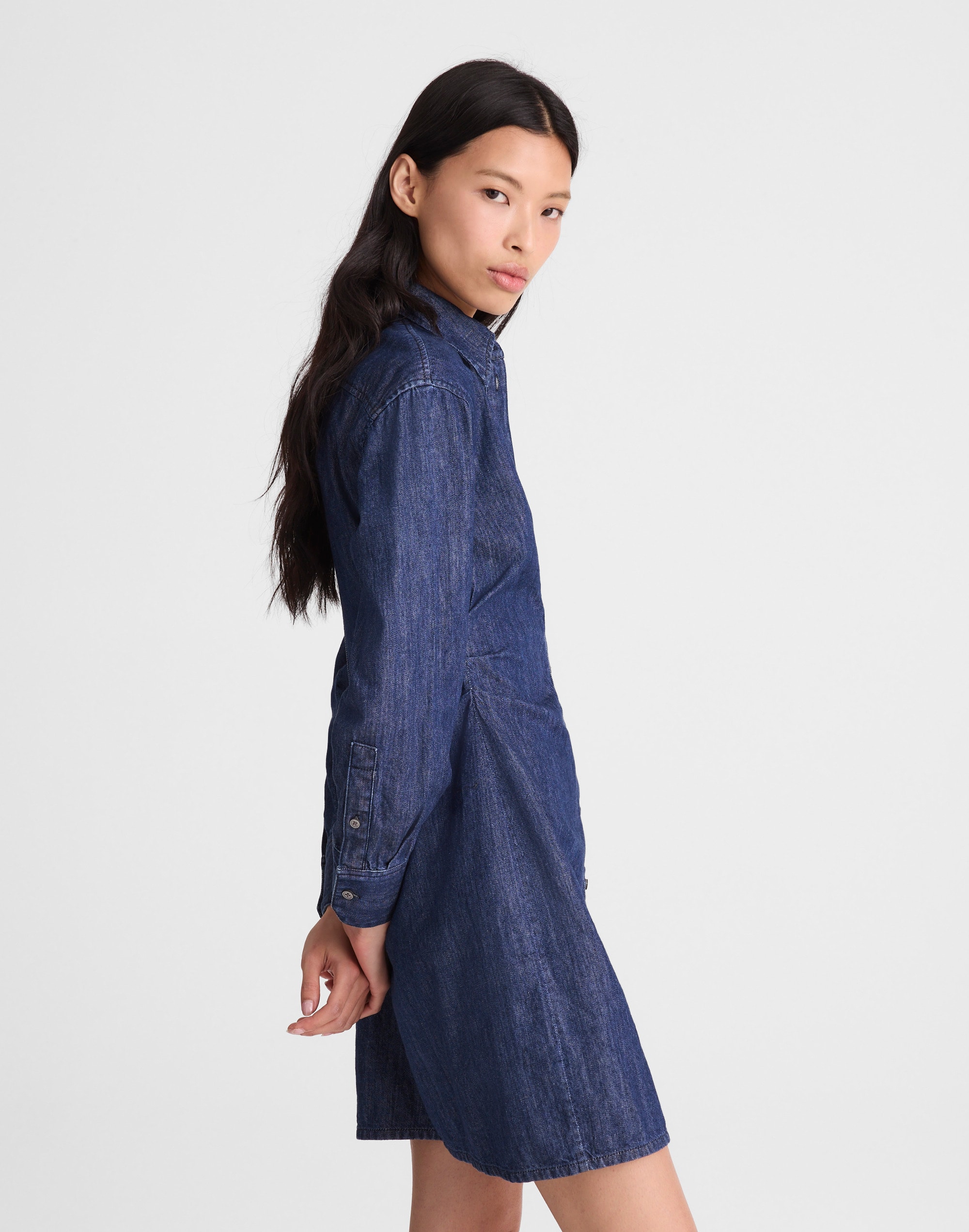 Denim Ruched Mini Shirtdress in Light Rinse Wash