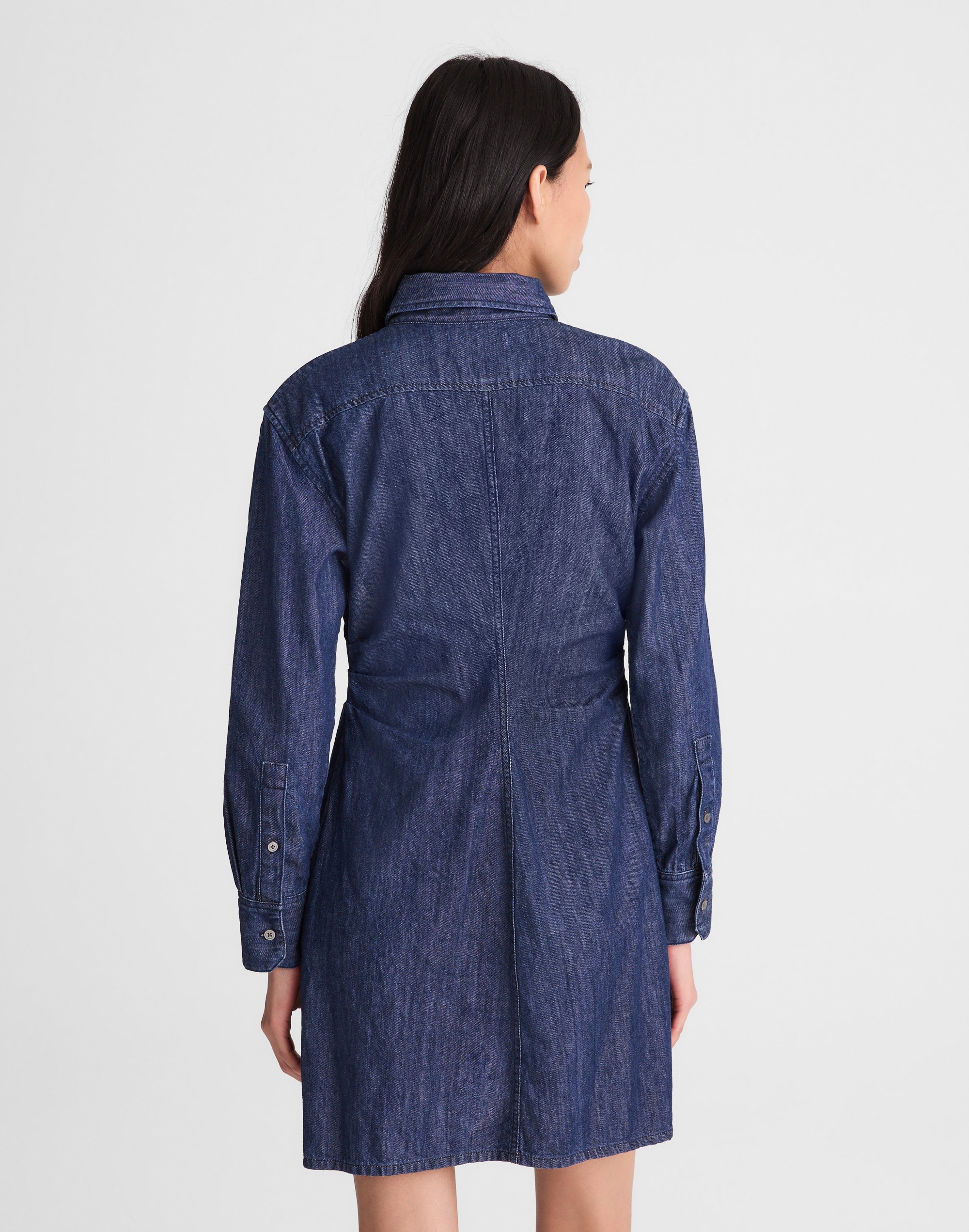 Denim Ruched Mini Shirtdress in Light Rinse Wash