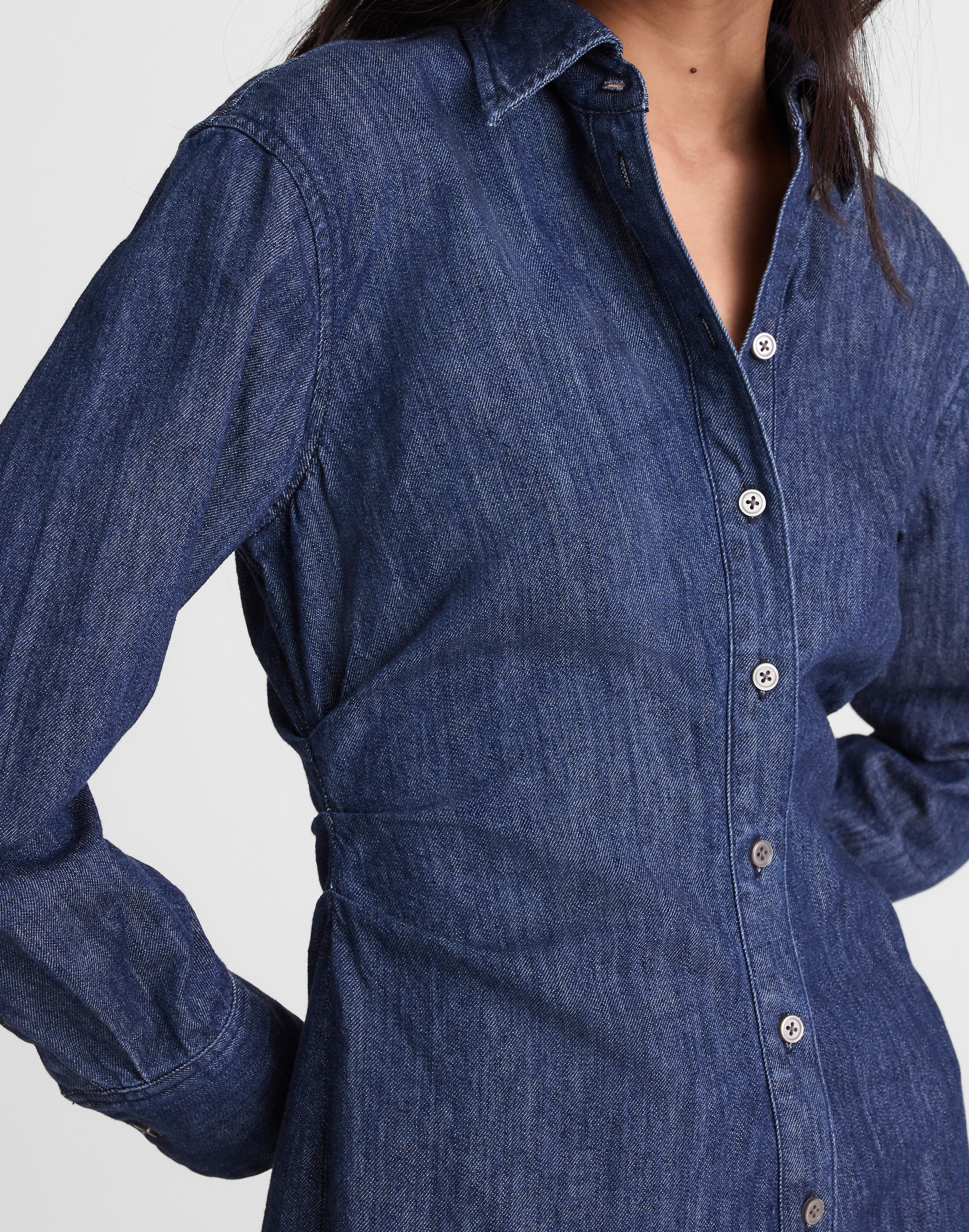 Denim Ruched Mini Shirtdress in Light Rinse Wash