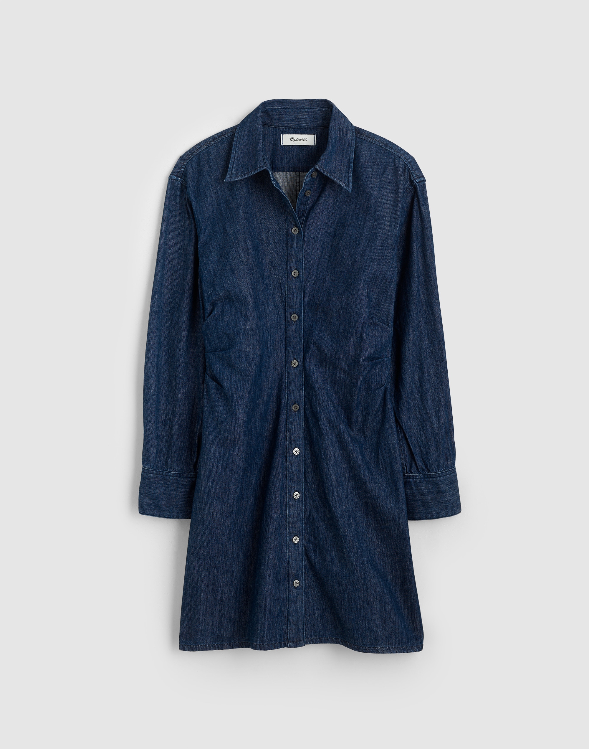Denim Ruched Mini Shirtdress in Light Rinse Wash