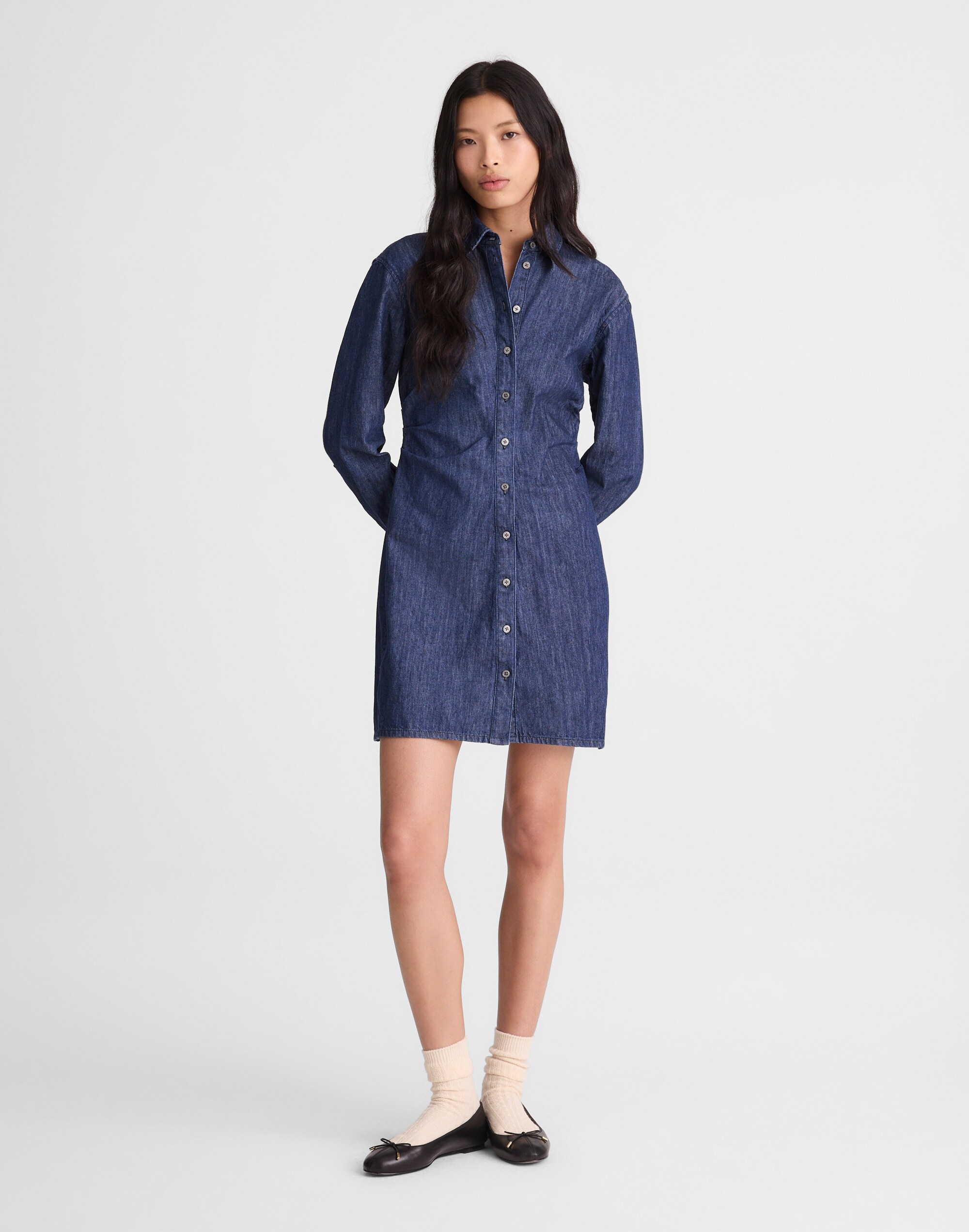 Denim Ruched Mini Shirtdress in Light Rinse Wash