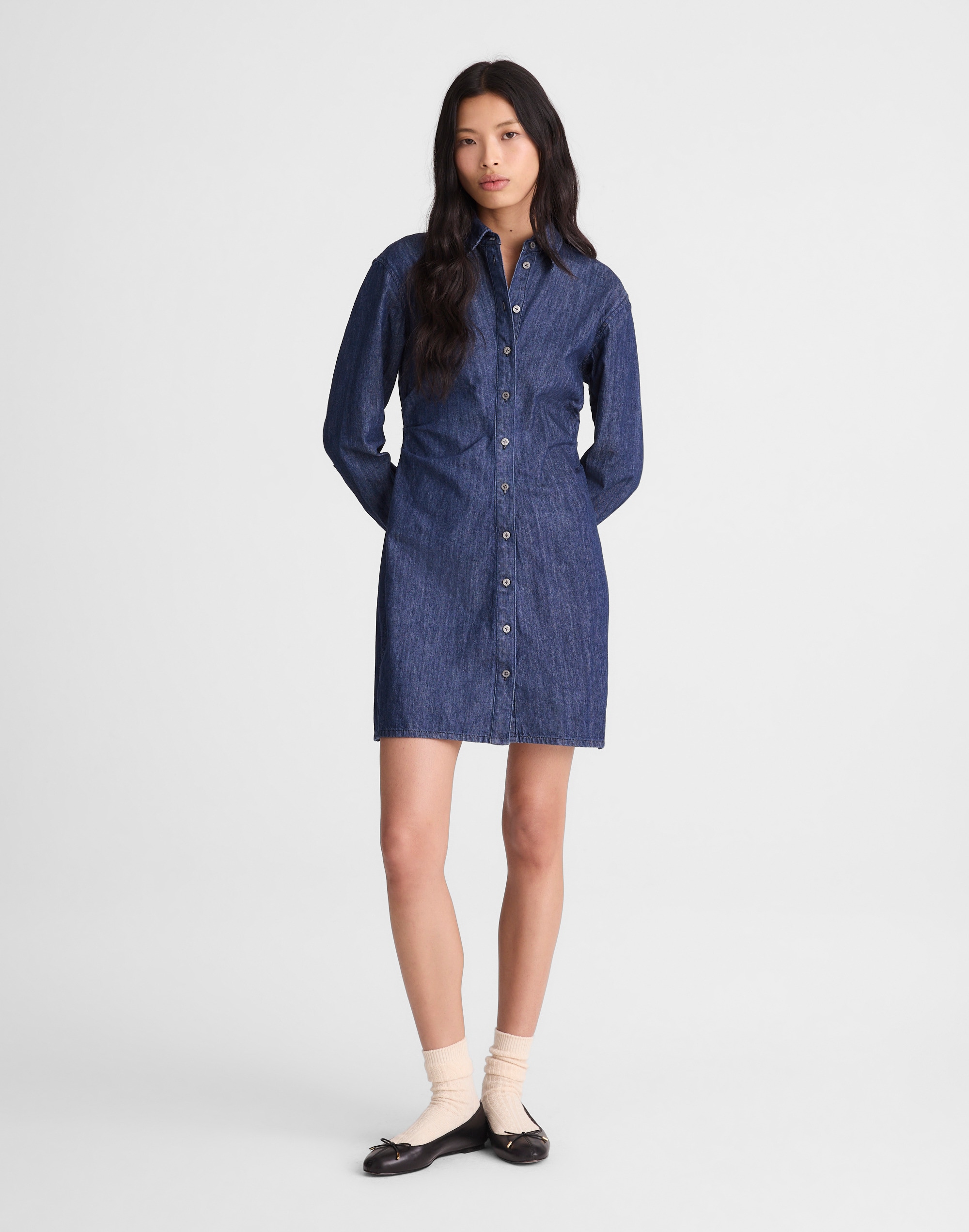 Madewell Denim Ruched Mini Shirtdress In Blue