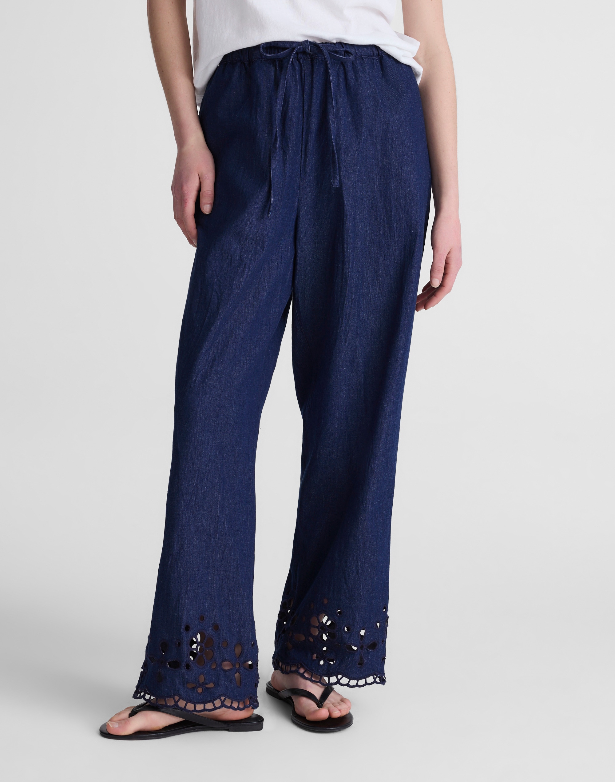 Denim Embroidered-Hem Pull-On Pants