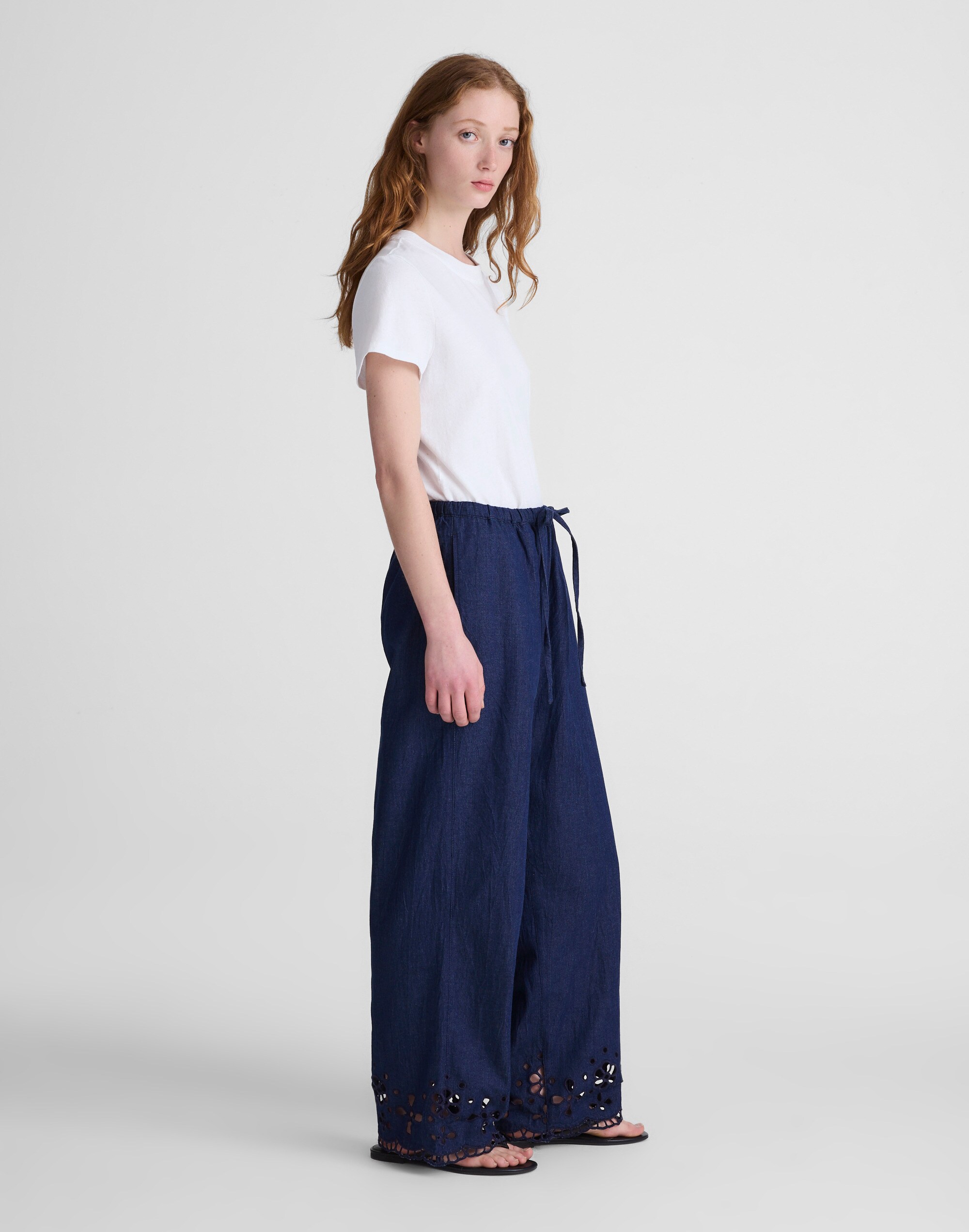 Denim Embroidered-Hem Pull-On Pants