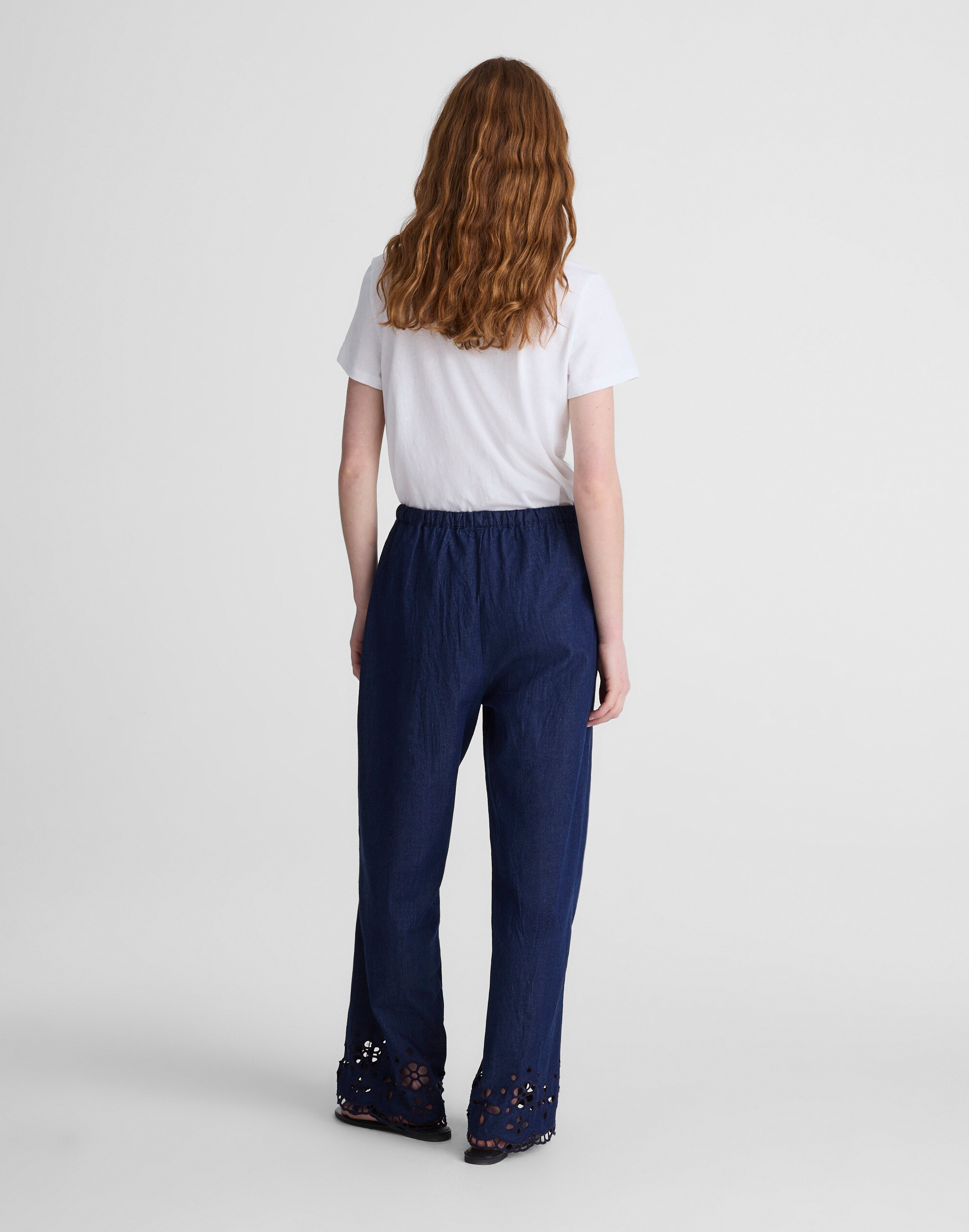 Denim Embroidered-Hem Pull-On Pants