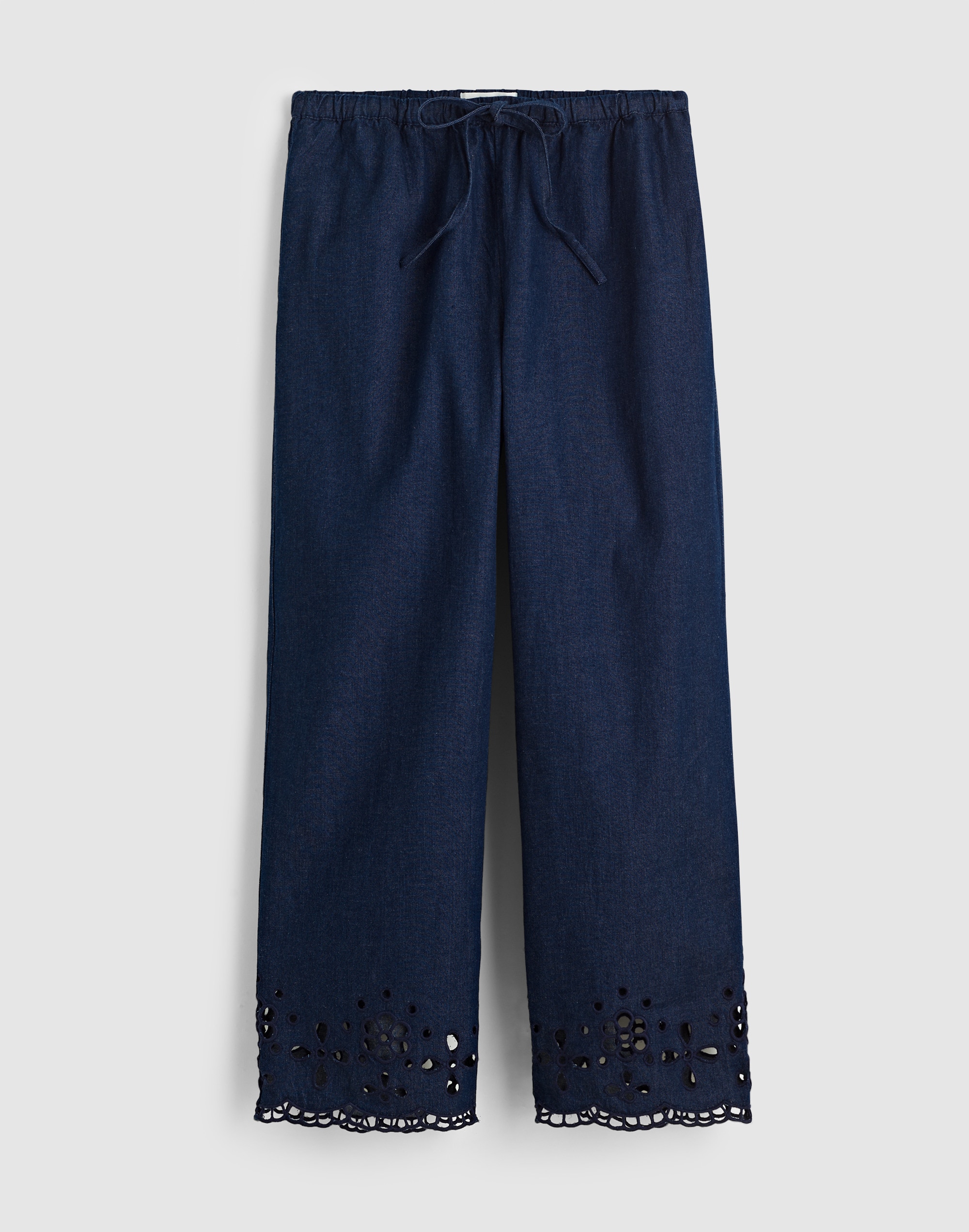 Denim Embroidered-Hem Pull-On Pants