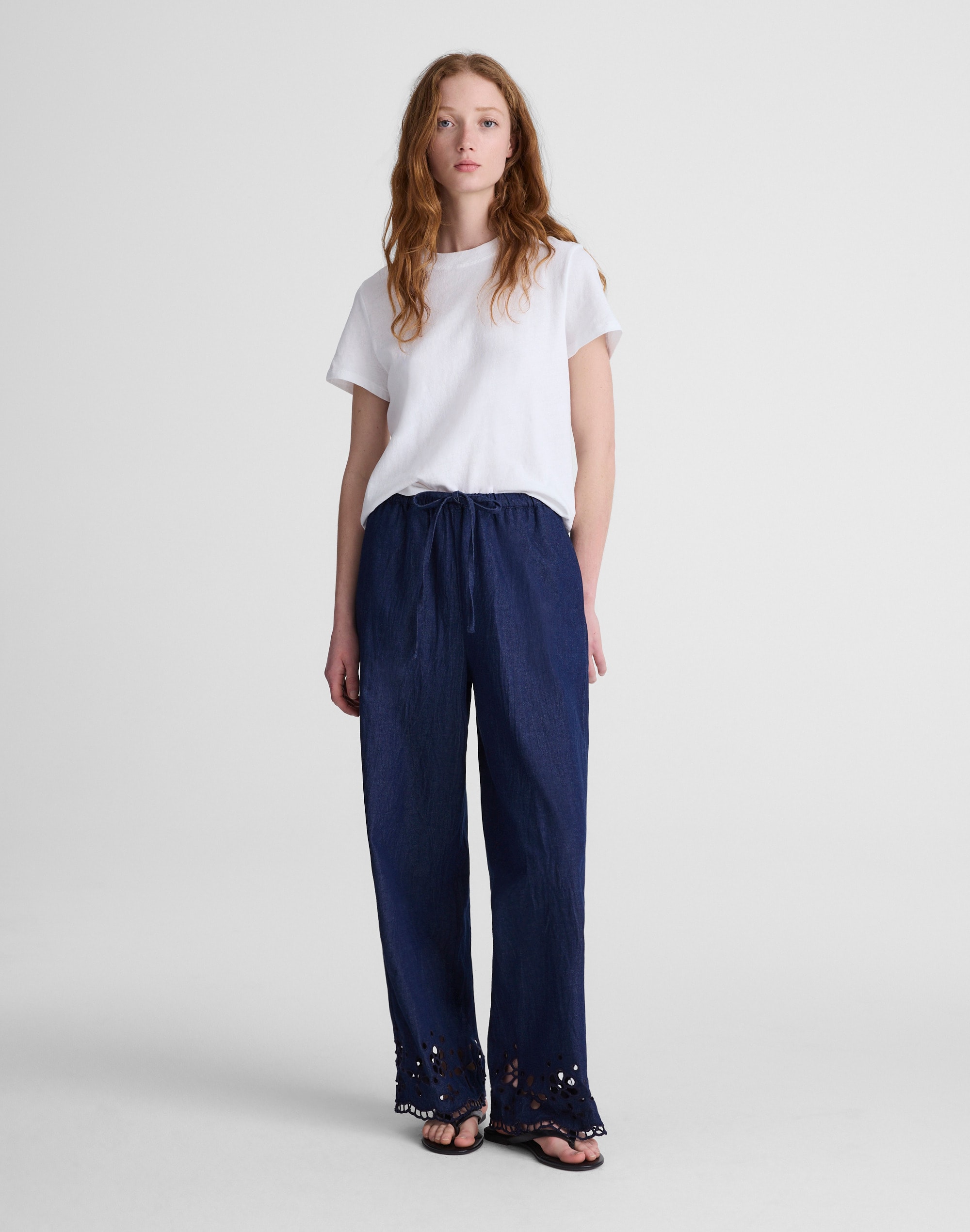 denim embroidered-hem pull-on pants
