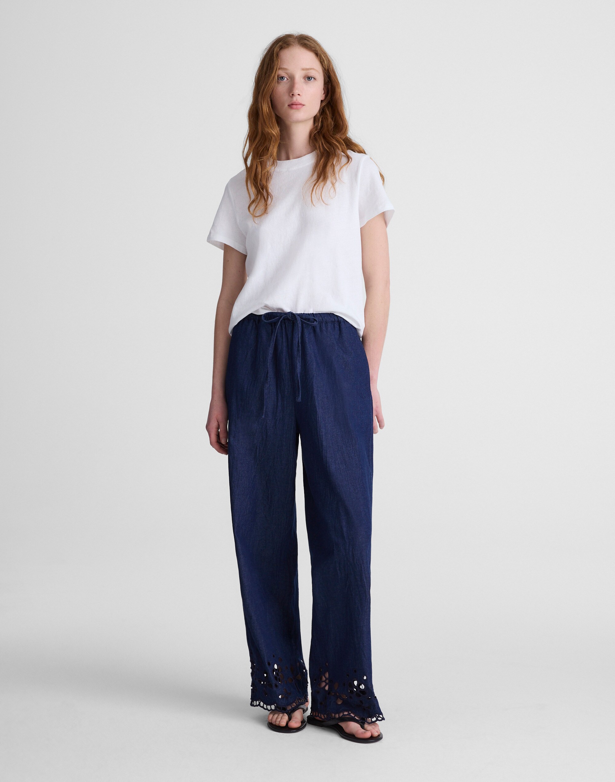 Denim Embroidered-Hem Pull-On Pants