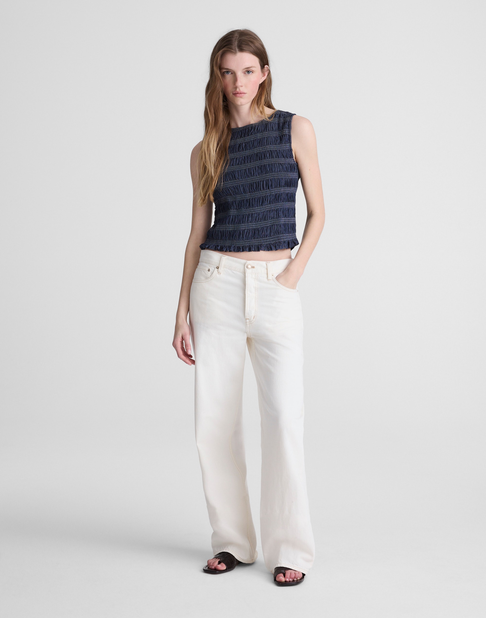 Denim Smocked Boatneck Tank