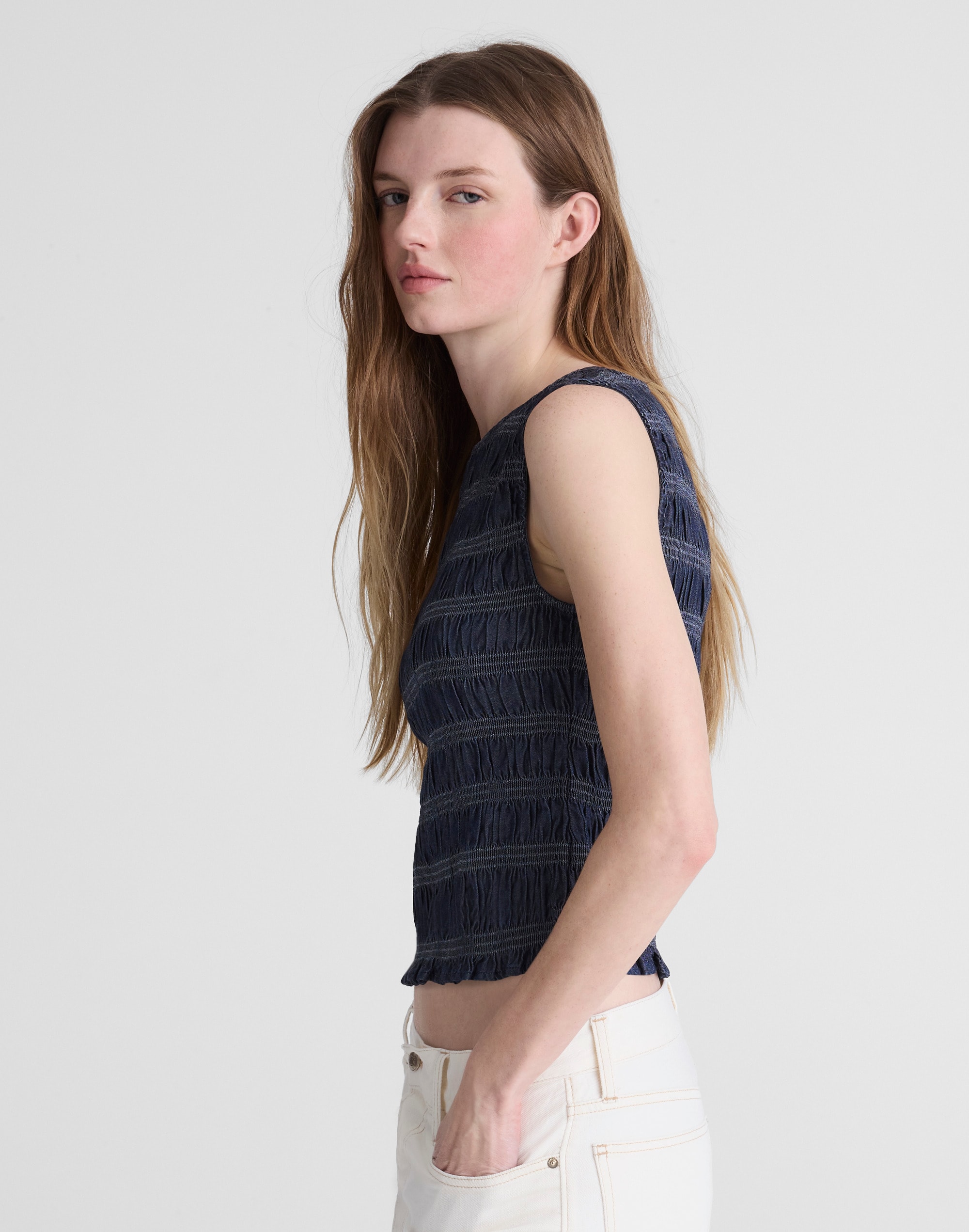 Denim Smocked Boatneck Tank