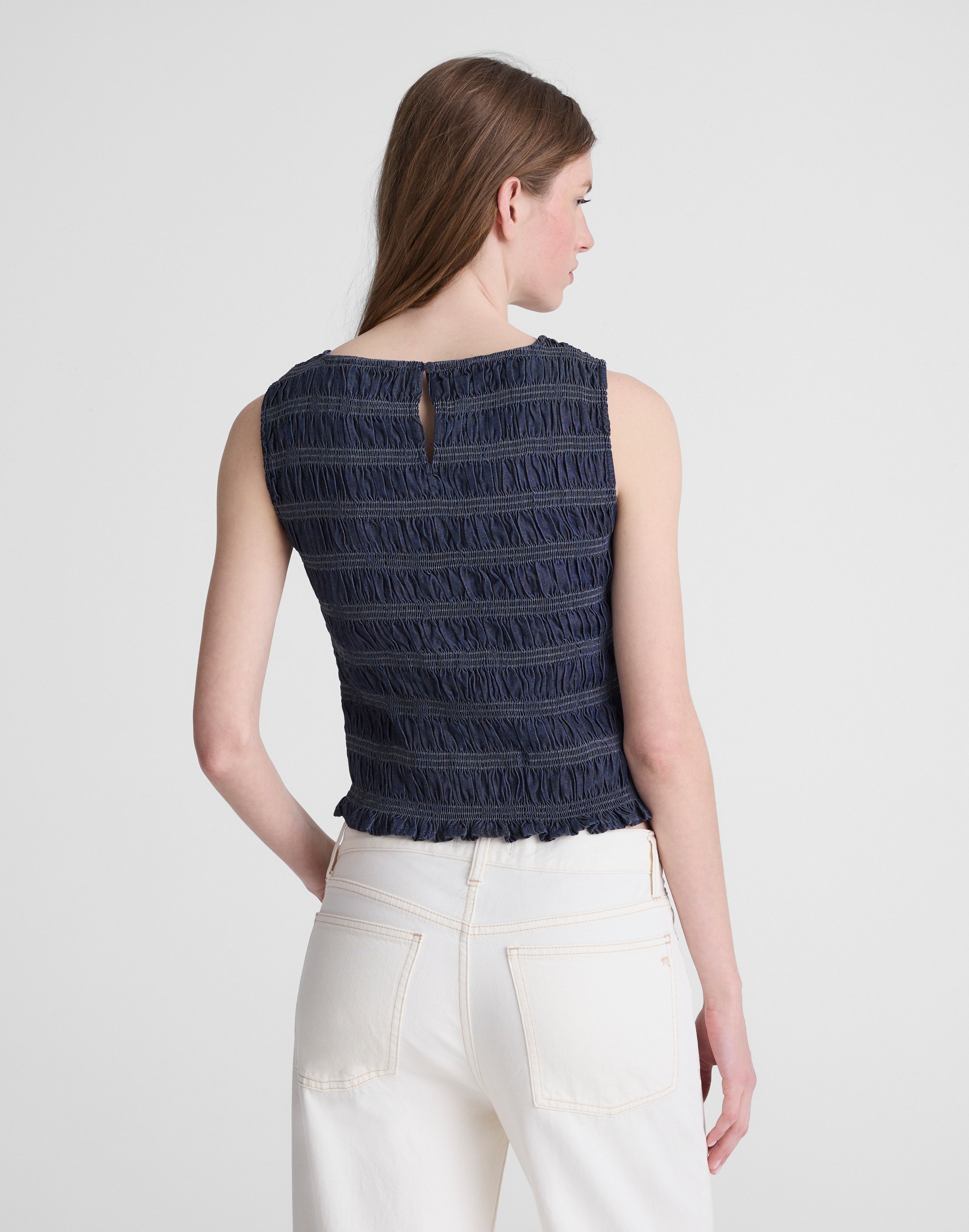 Denim Smocked Boatneck Tank
