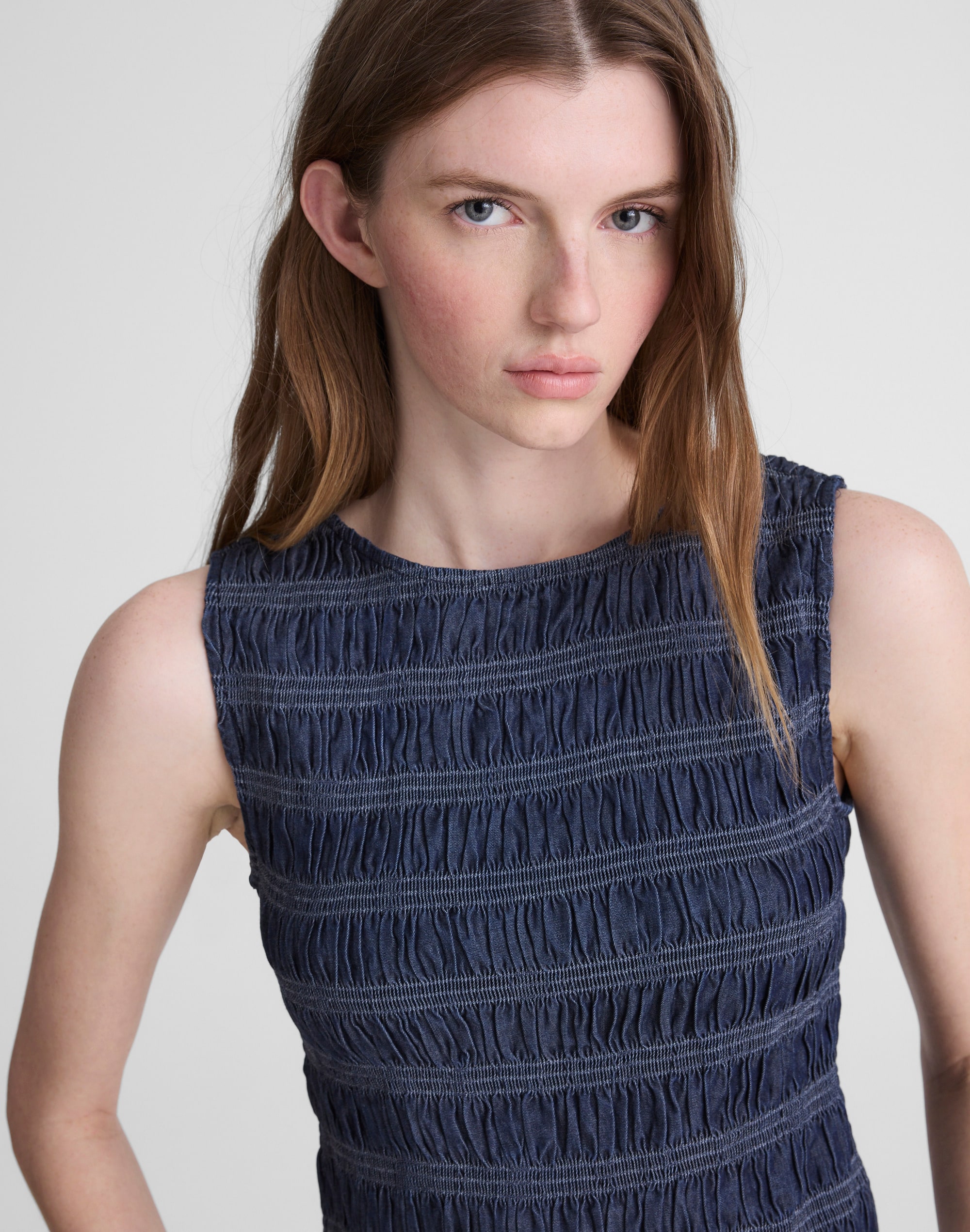 Denim Smocked Boatneck Tank