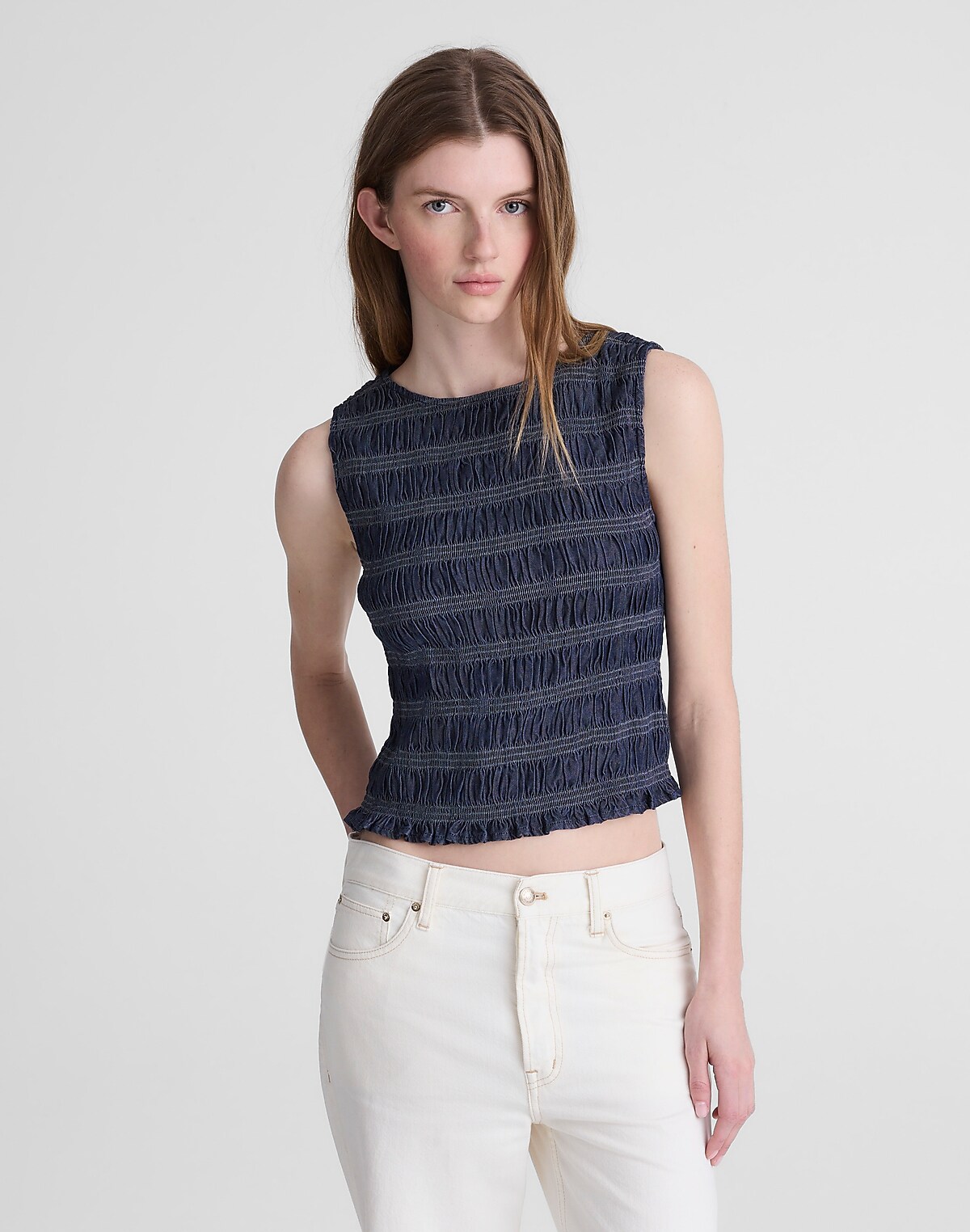 Denim Smocked Boatneck Tank