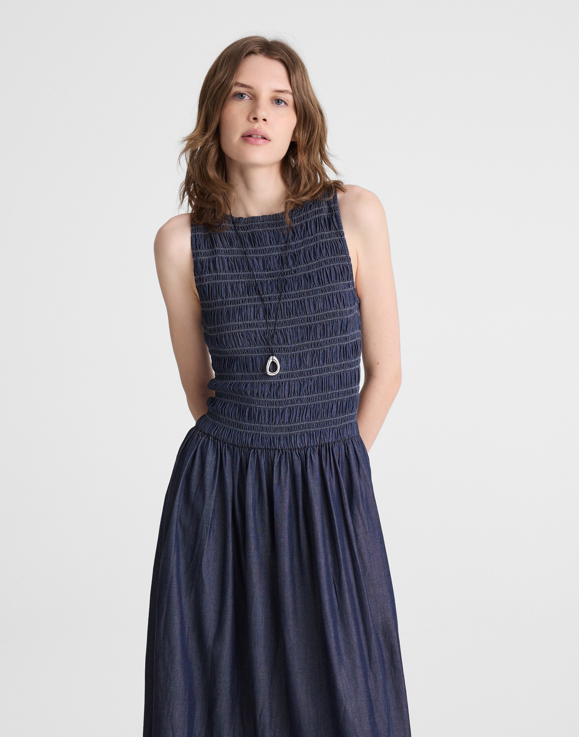 Denim Smocked Boatneck Maxi Dress
