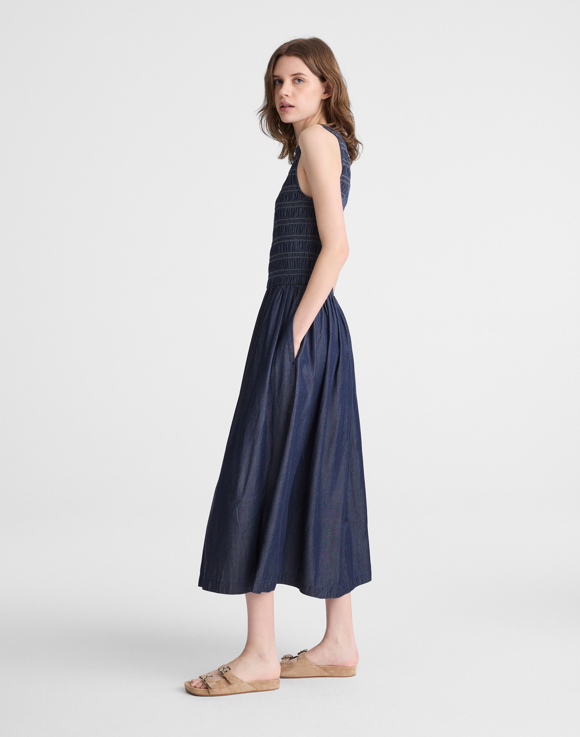 Denim Smocked Boatneck Maxi Dress