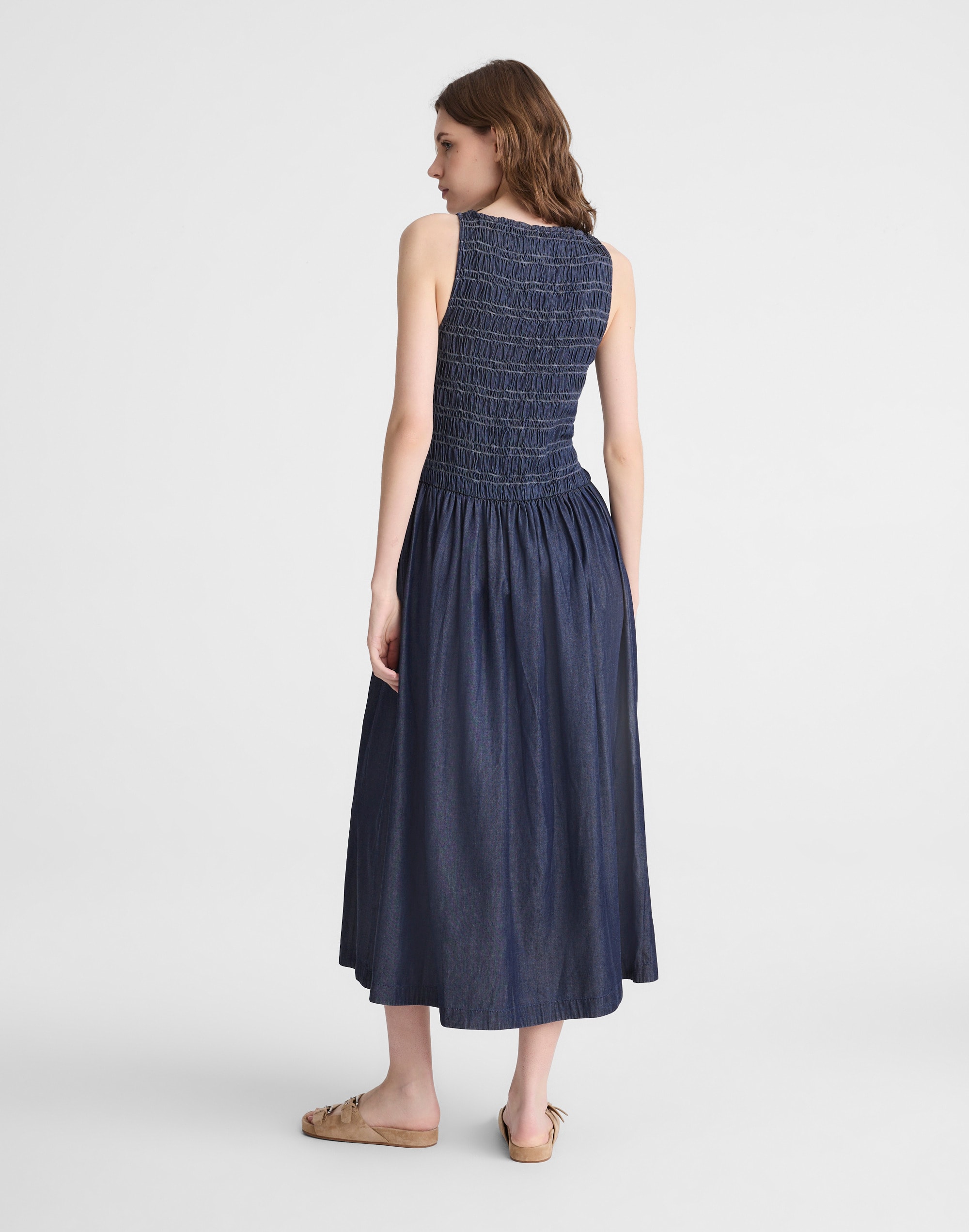 Denim Smocked Boatneck Maxi Dress