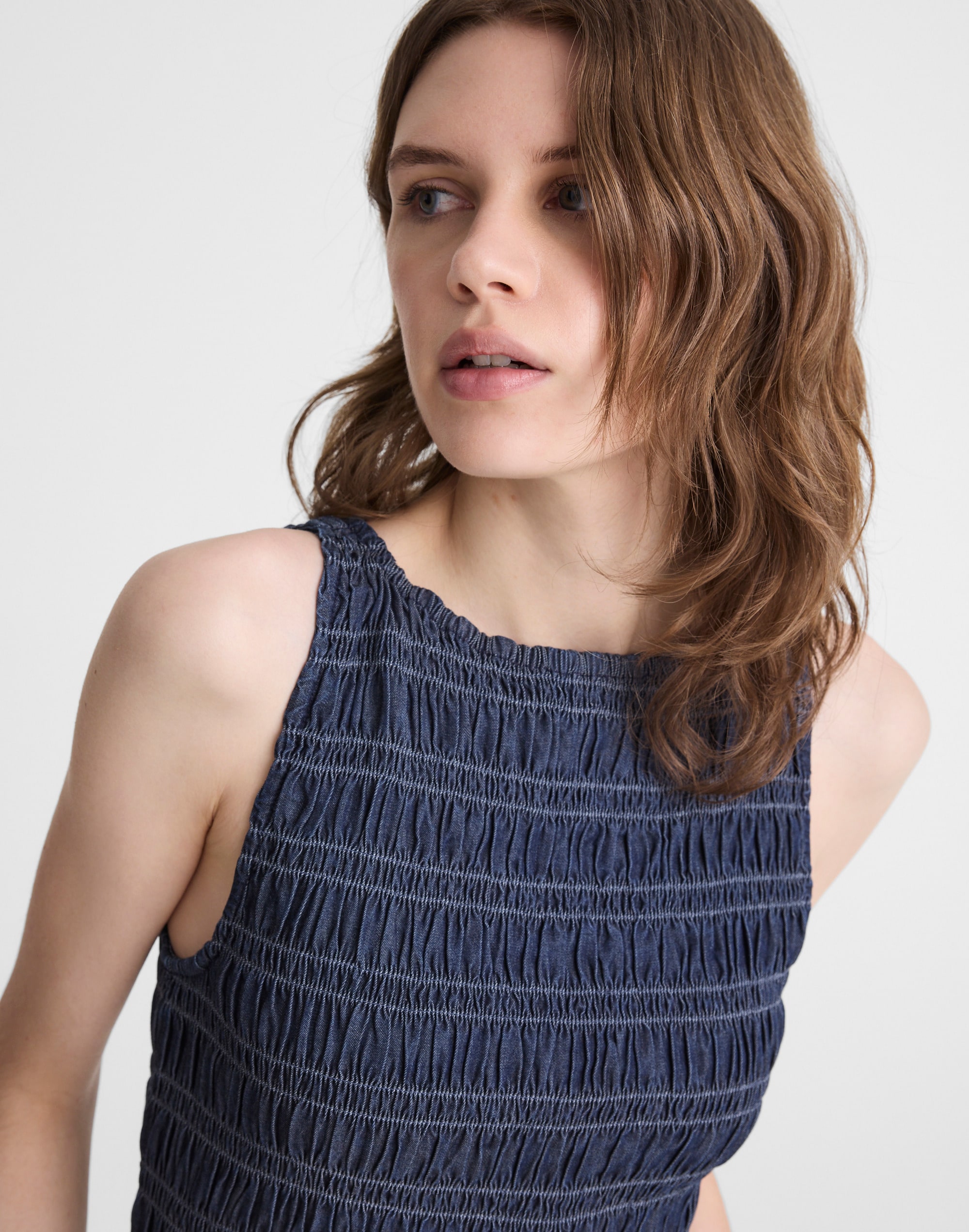 Denim Smocked Boatneck Maxi Dress