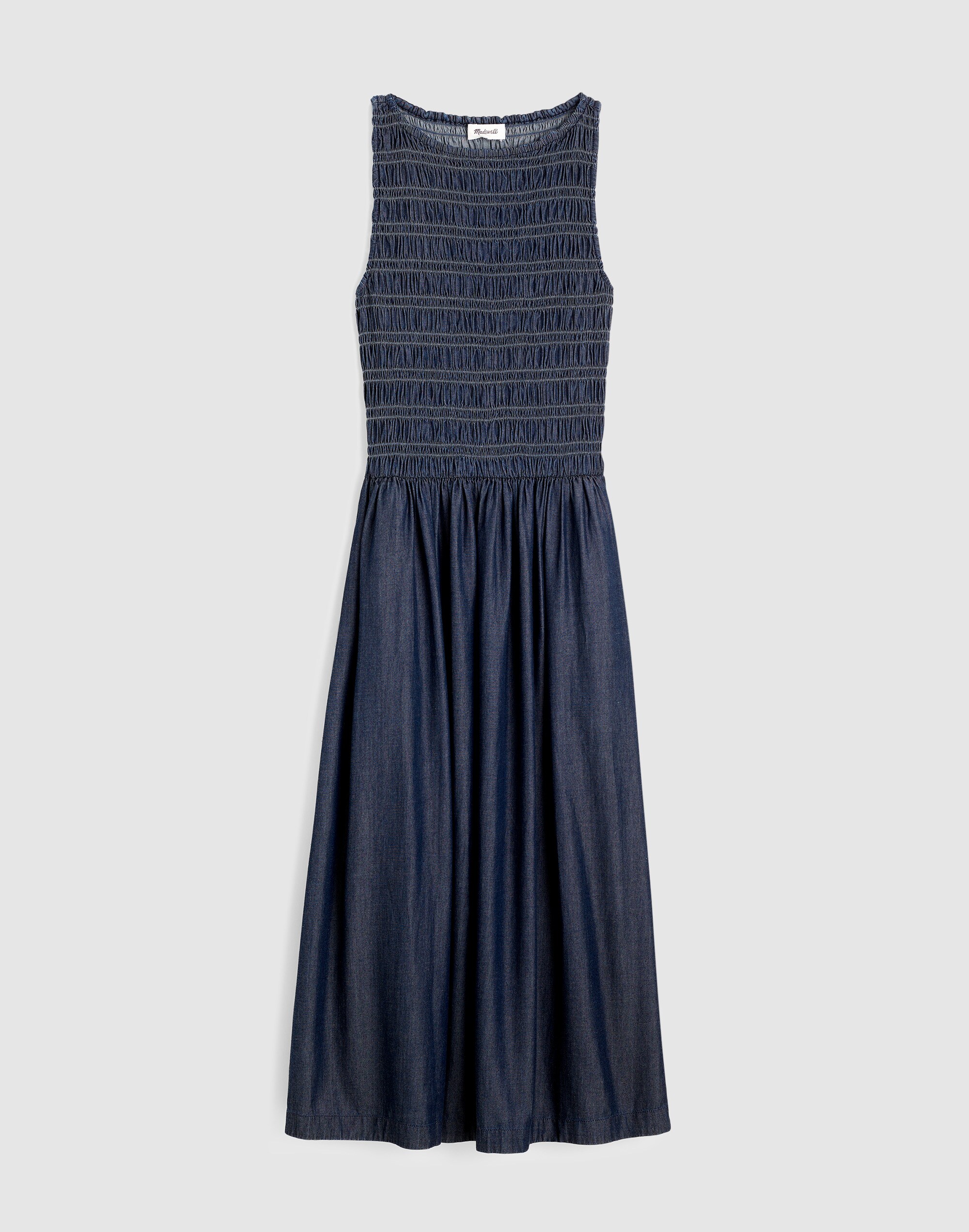 Denim Smocked Boatneck Maxi Dress