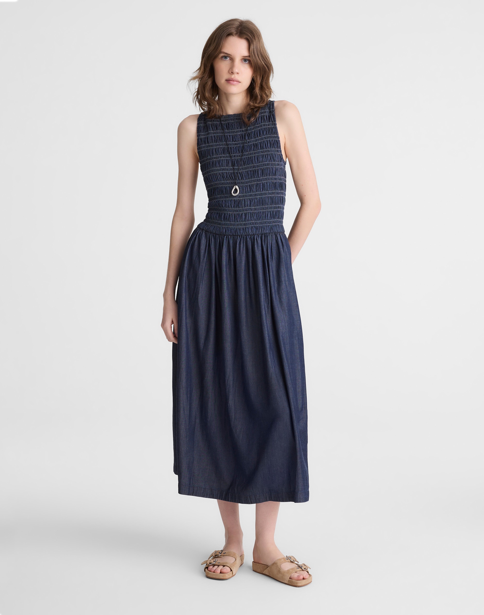 denim smocked boatneck midi dress