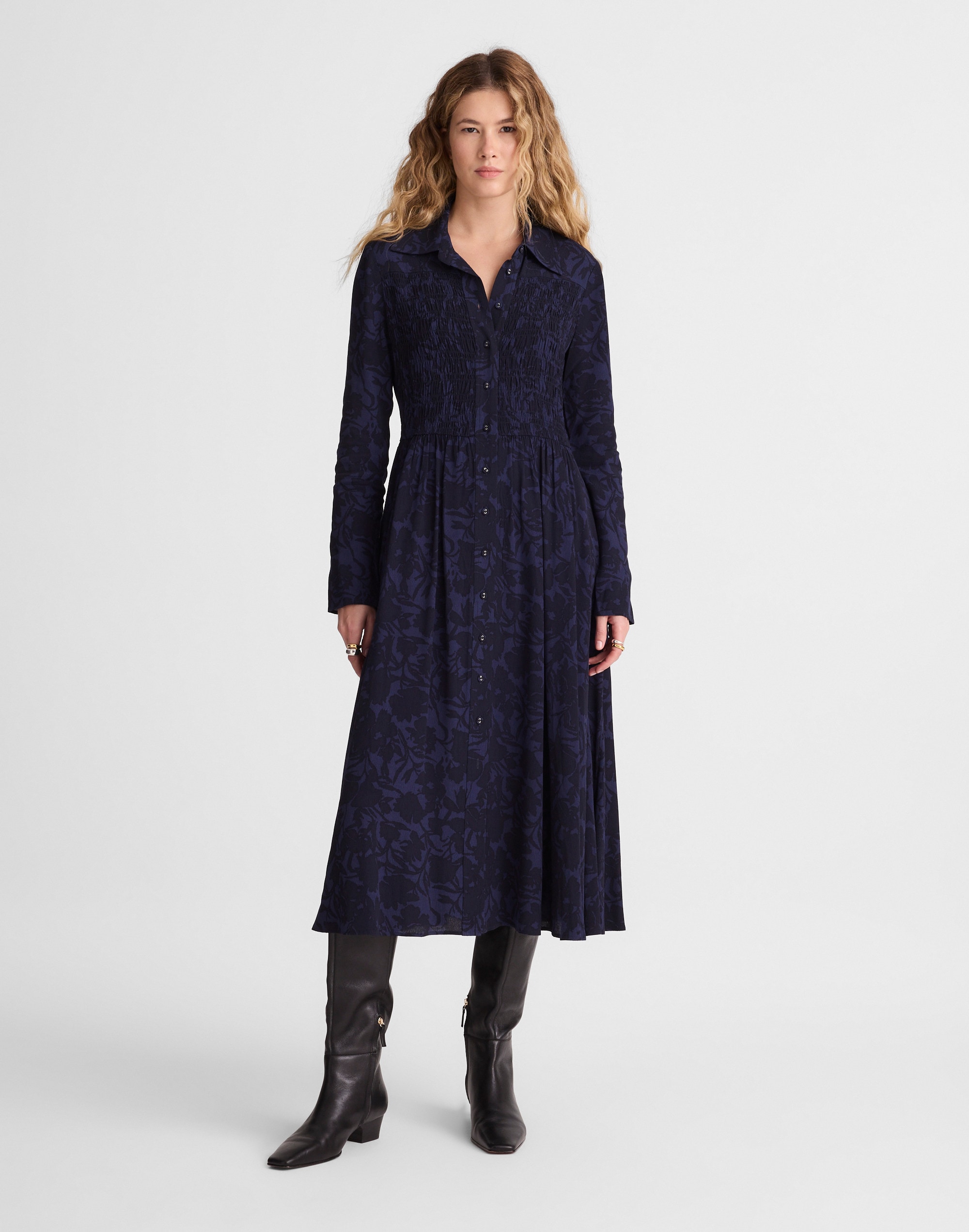 Madewell Smocked Midi Shirtdress In Blue