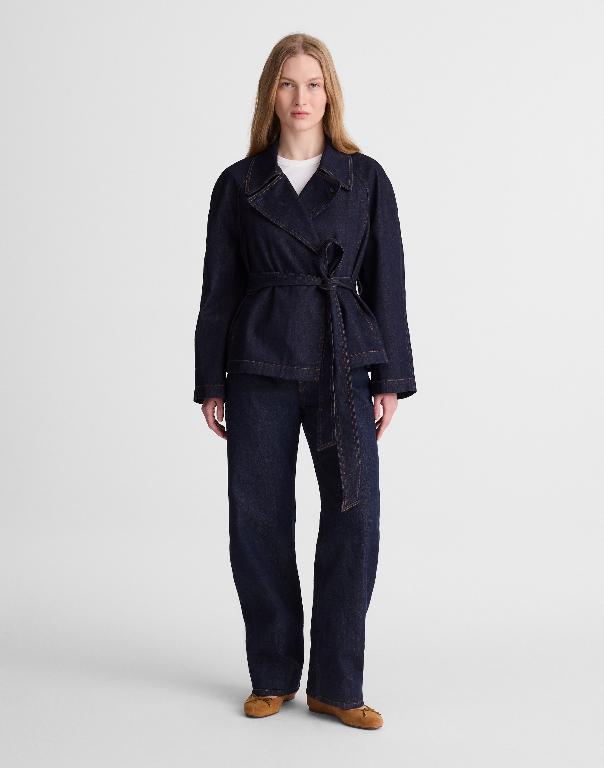 Denim Double-Breasted Crop Trench Coat