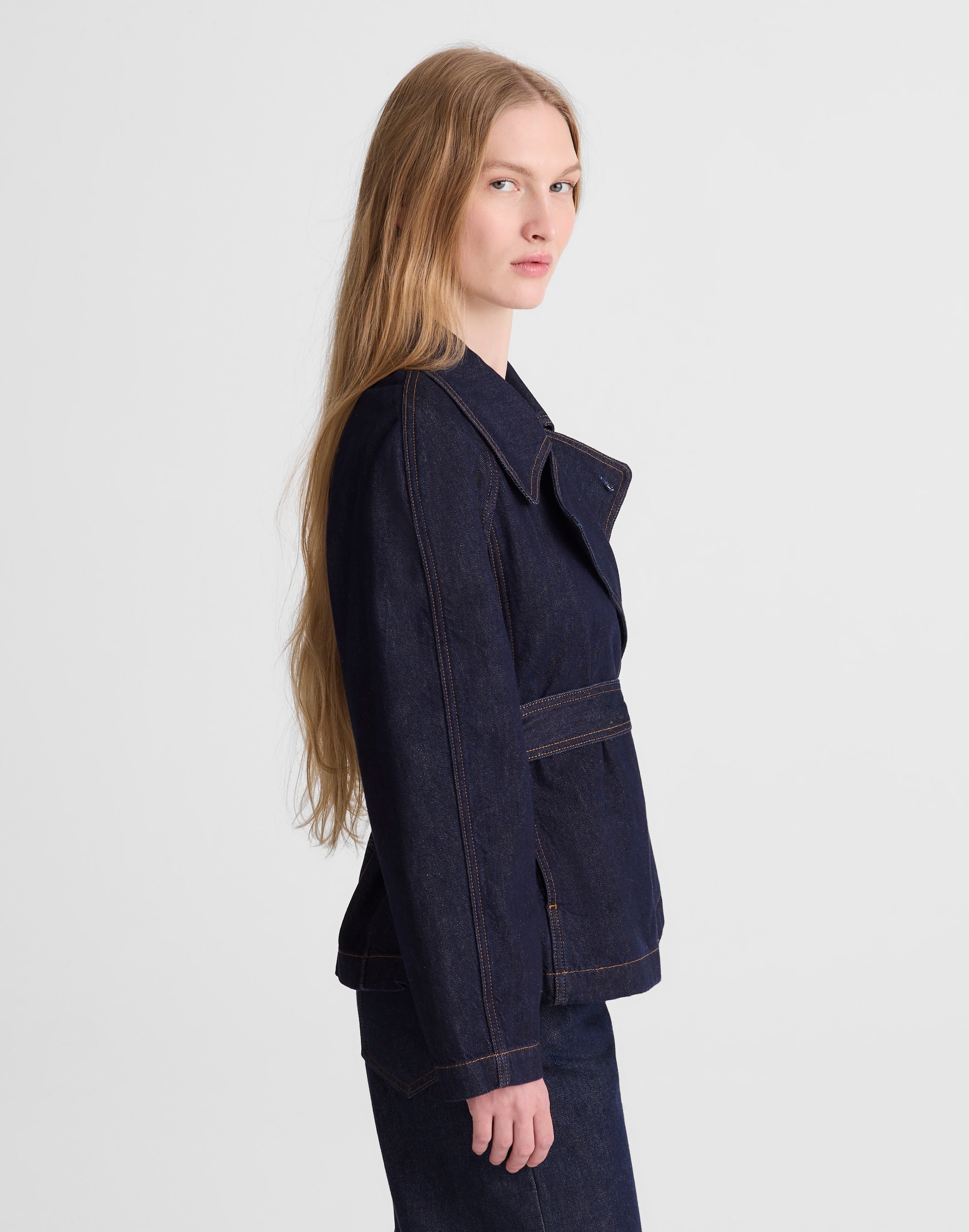 Denim Double-Breasted Crop Trench Coat