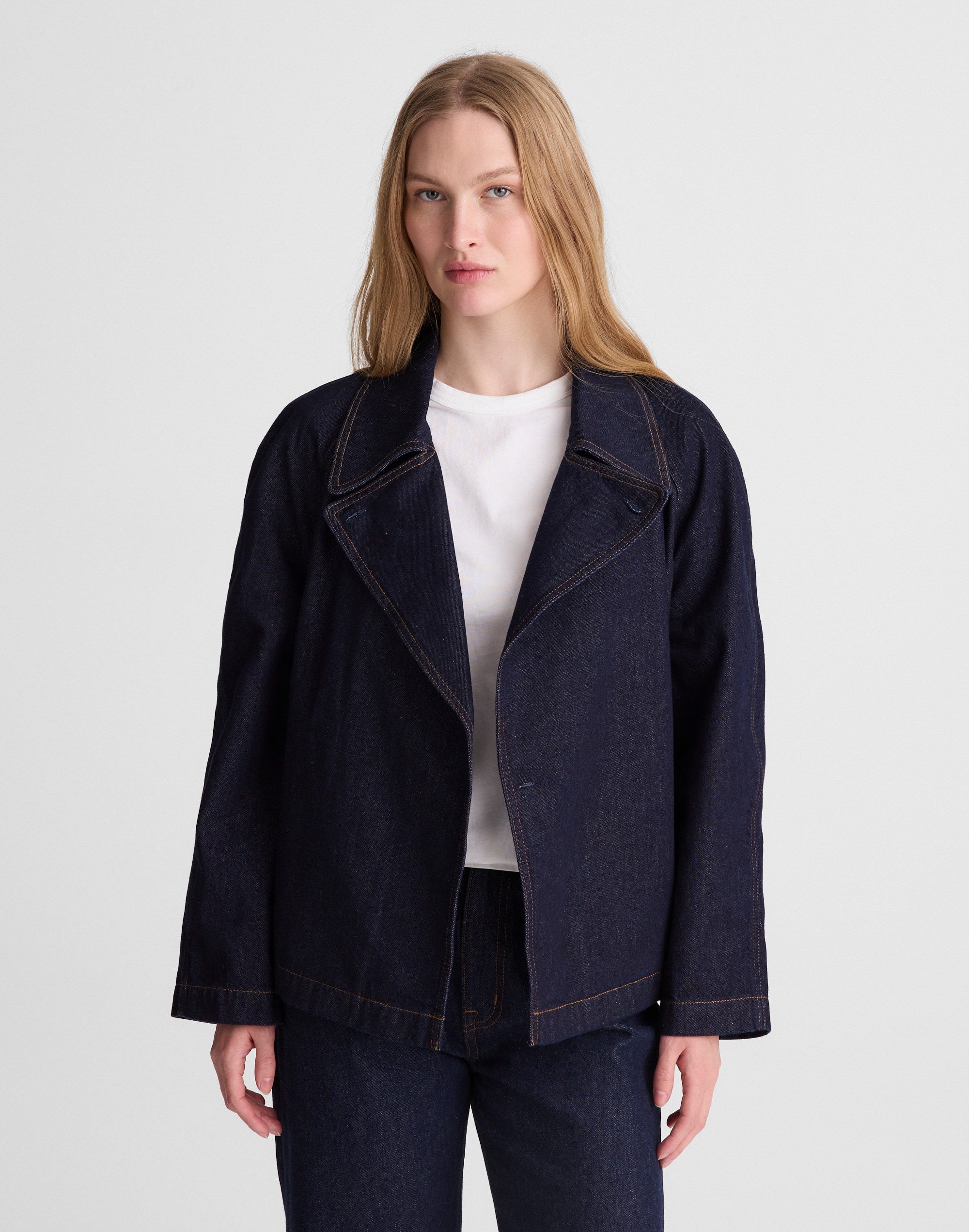 Denim Double-Breasted Crop Trench Coat
