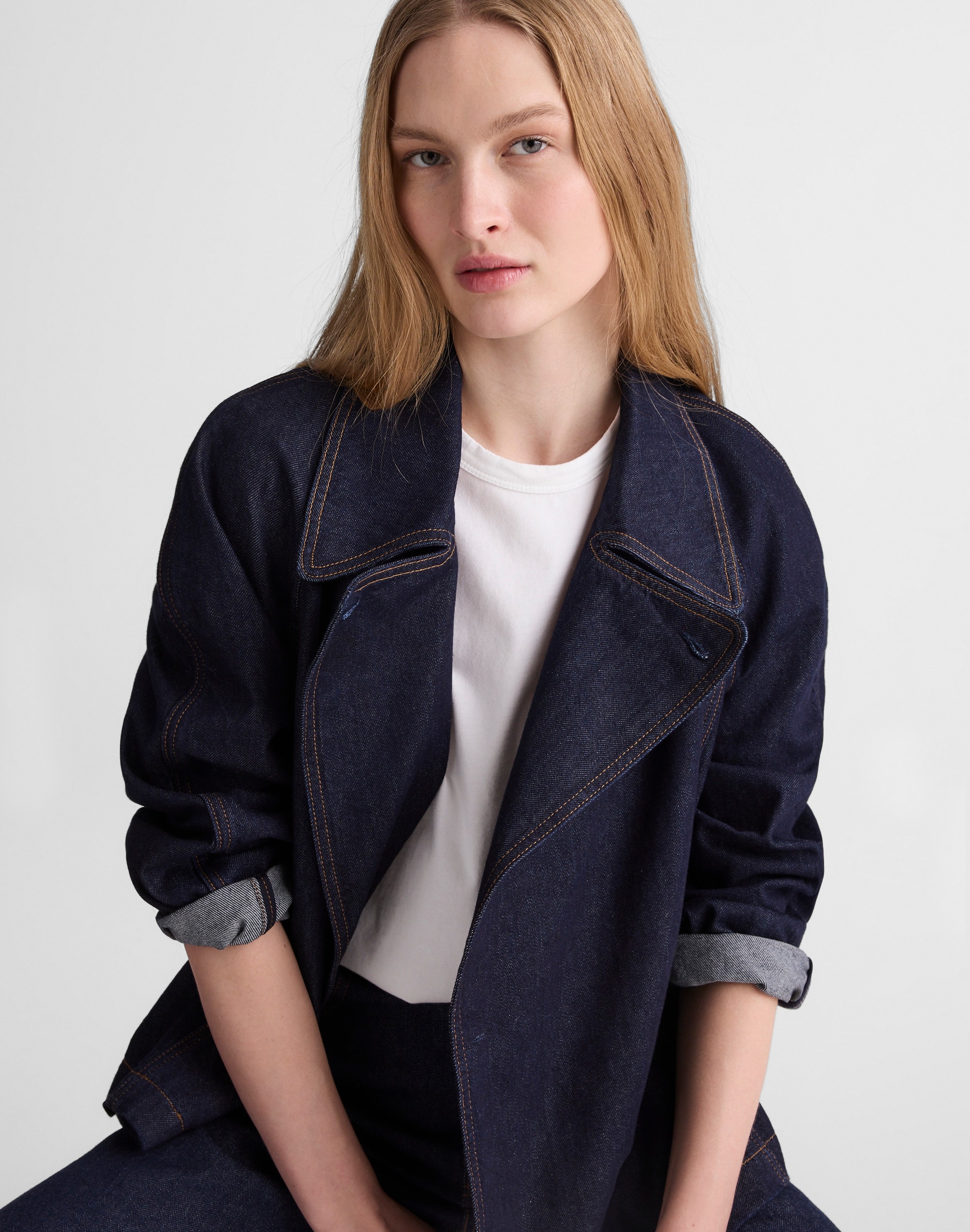 Denim Double-Breasted Crop Trench Coat