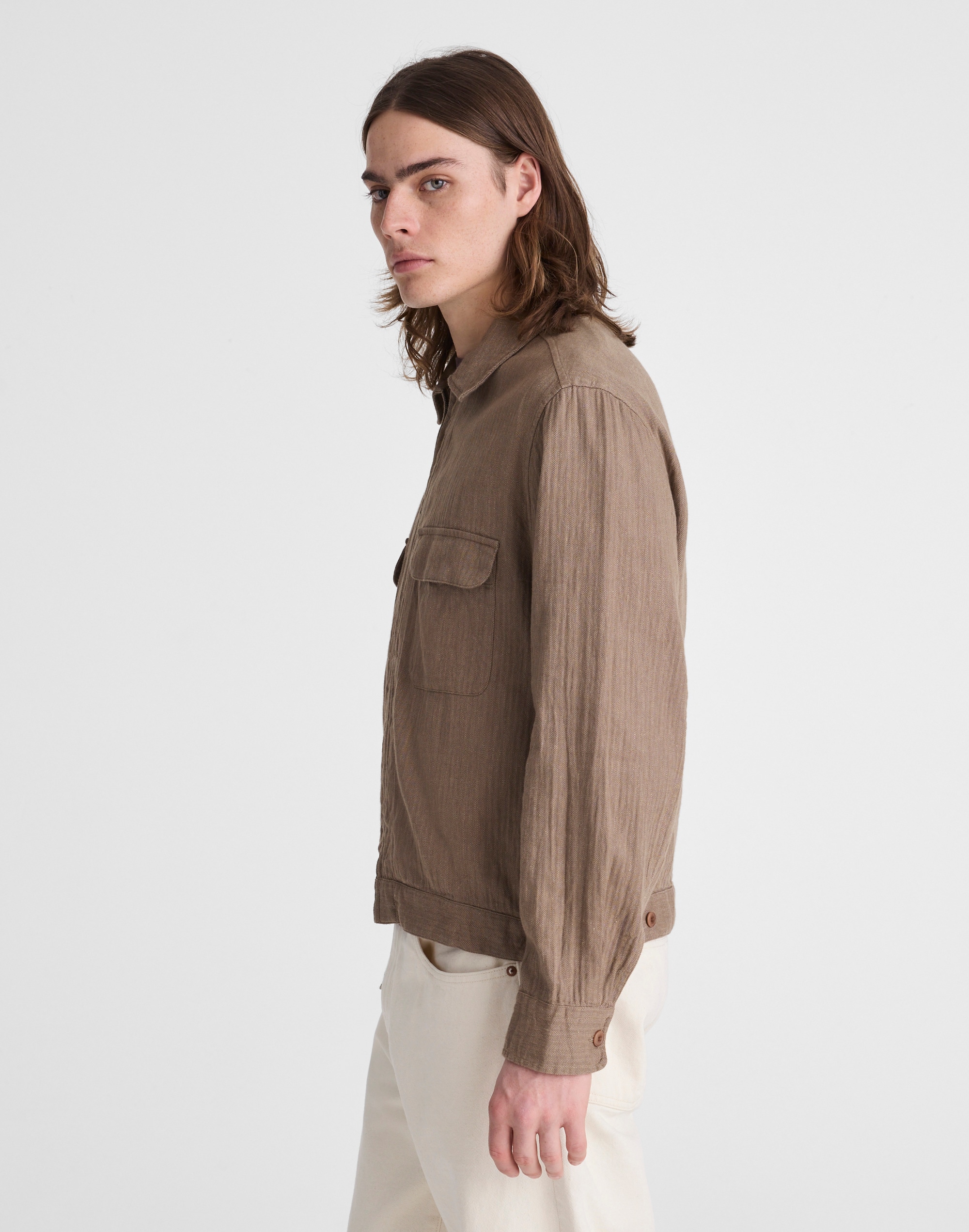 Zip-Front Jacket in Herringbone Cotton-Linen Blend