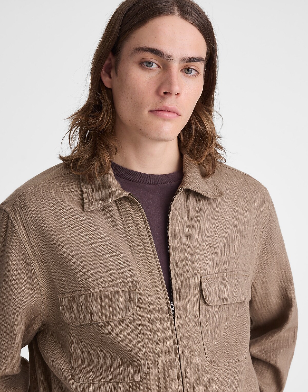 Zip-Front Jacket in Herringbone Cotton-Linen Blend