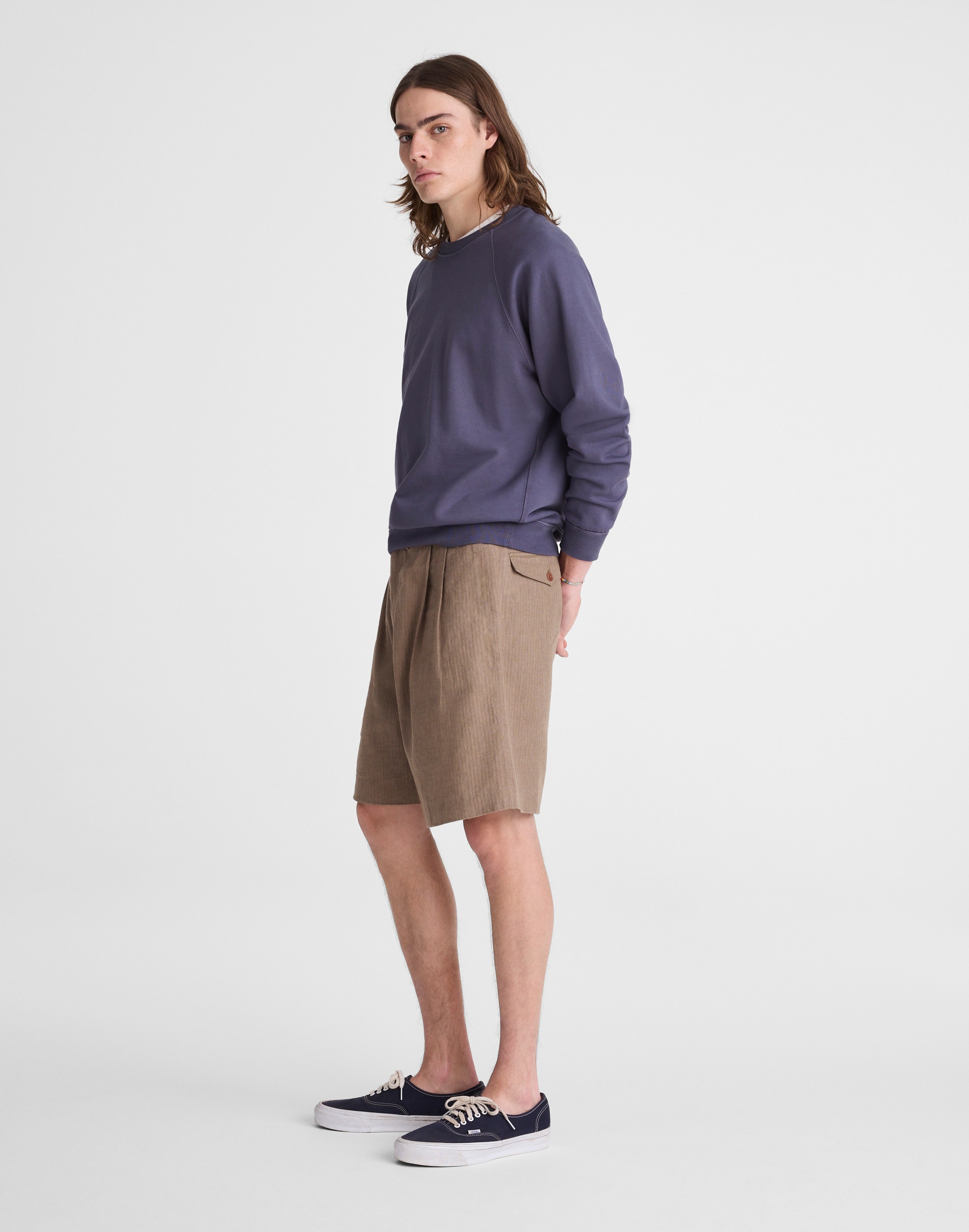 Double-Pleated Shorts in Herringbone Linen-Cotton Blend