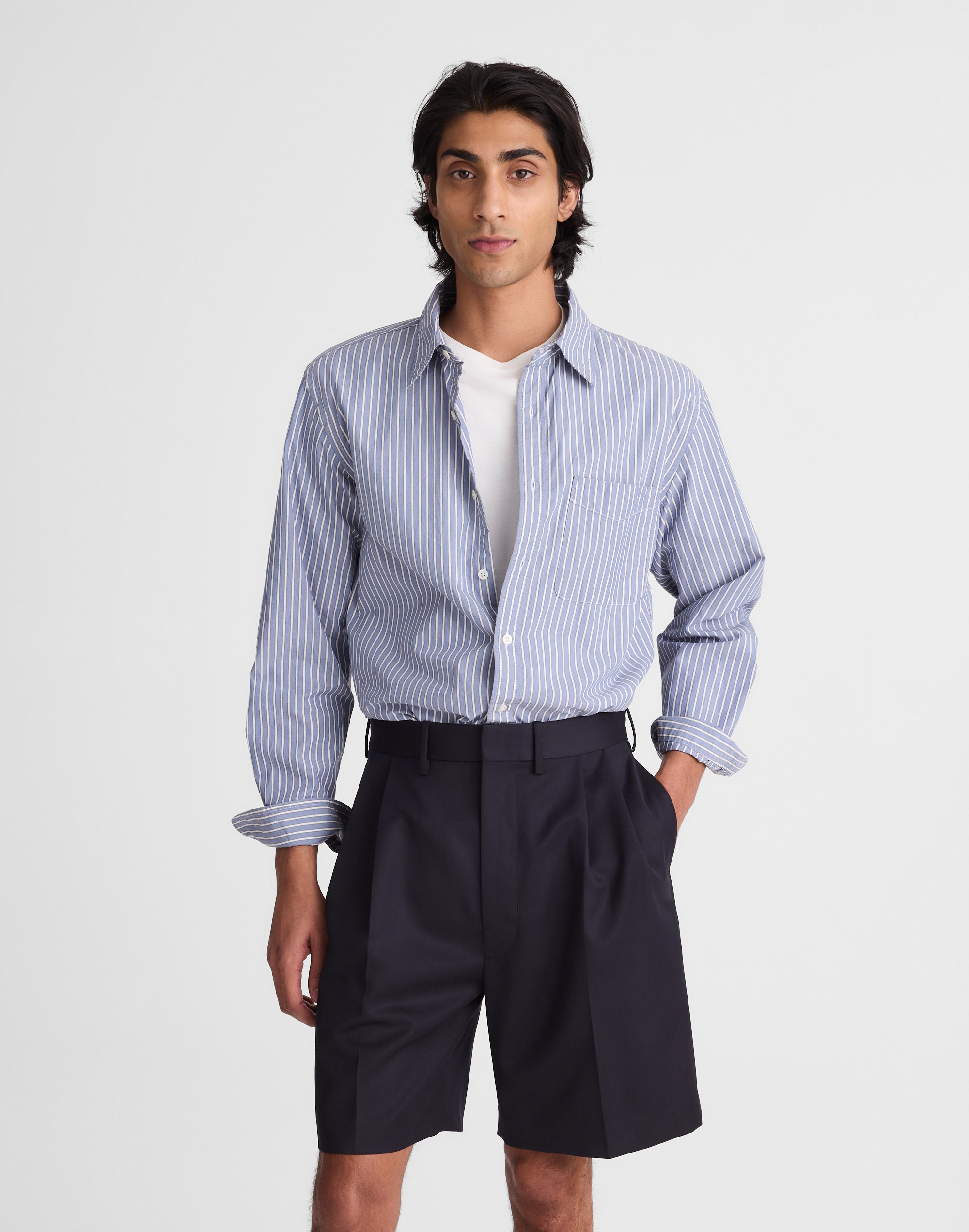 Double-Pleated Shorts in Herringbone Wool Blend