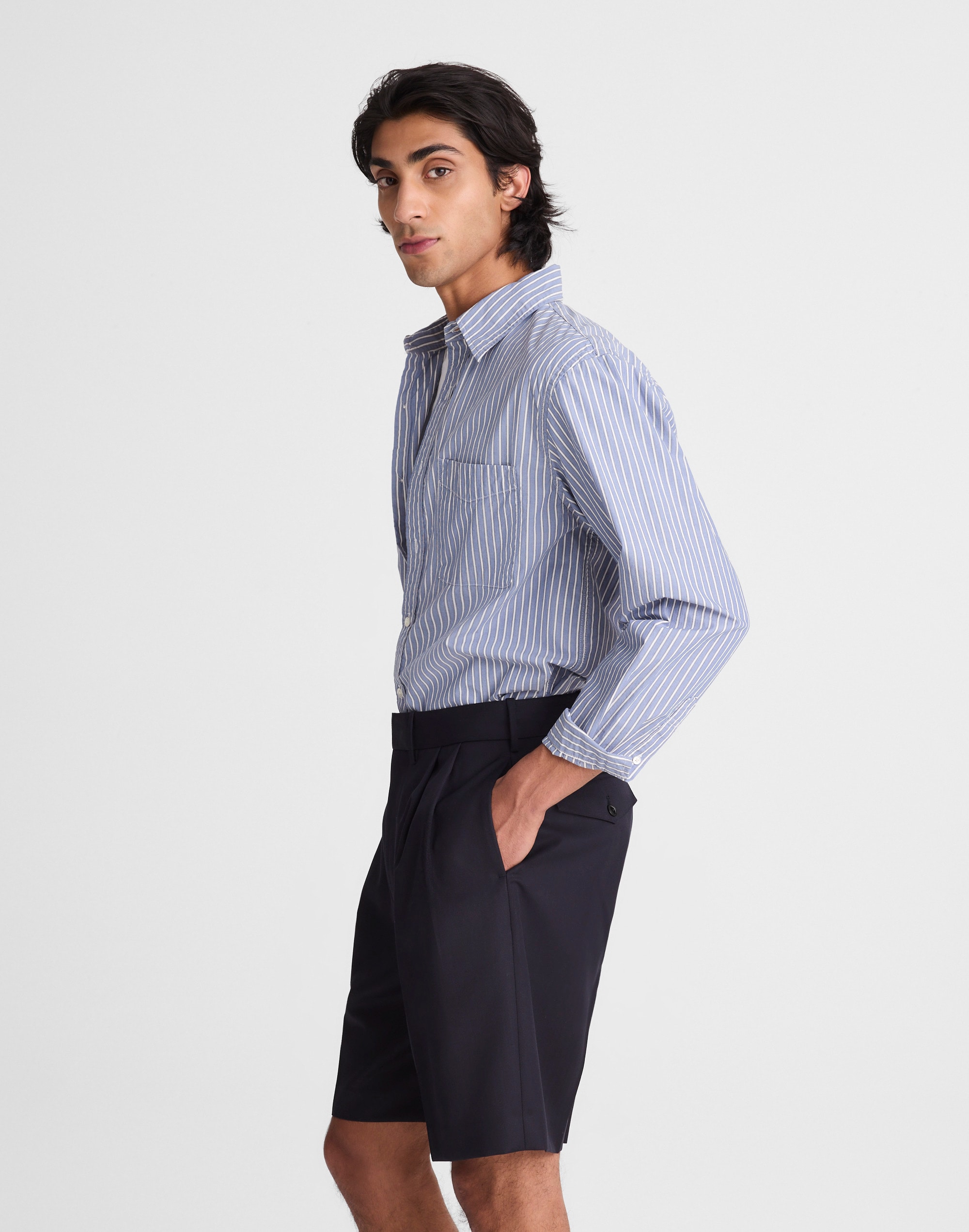 Double-Pleated Shorts in Herringbone Wool Blend