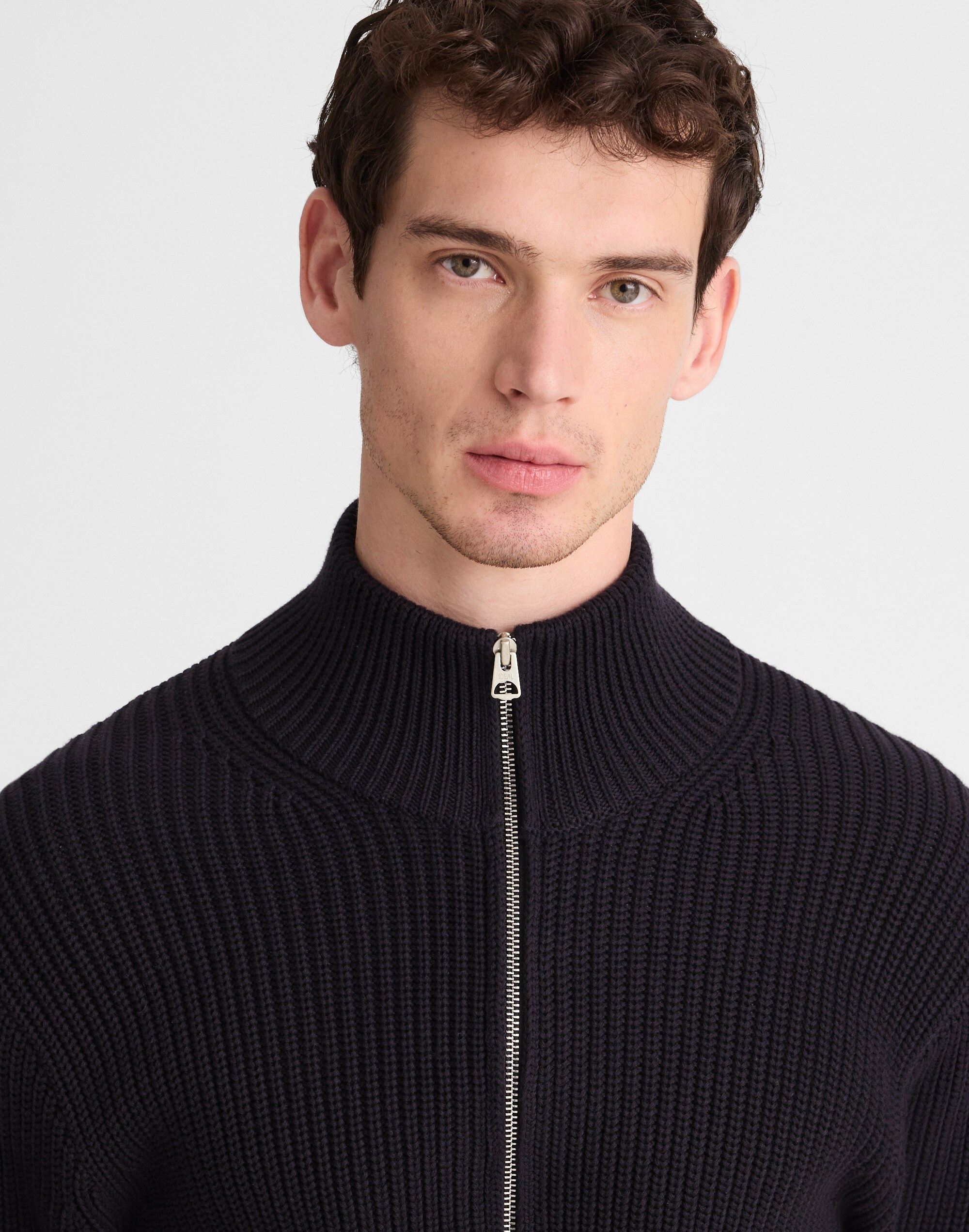 Cotton Shaker-Stitch Full-Zip Sweater