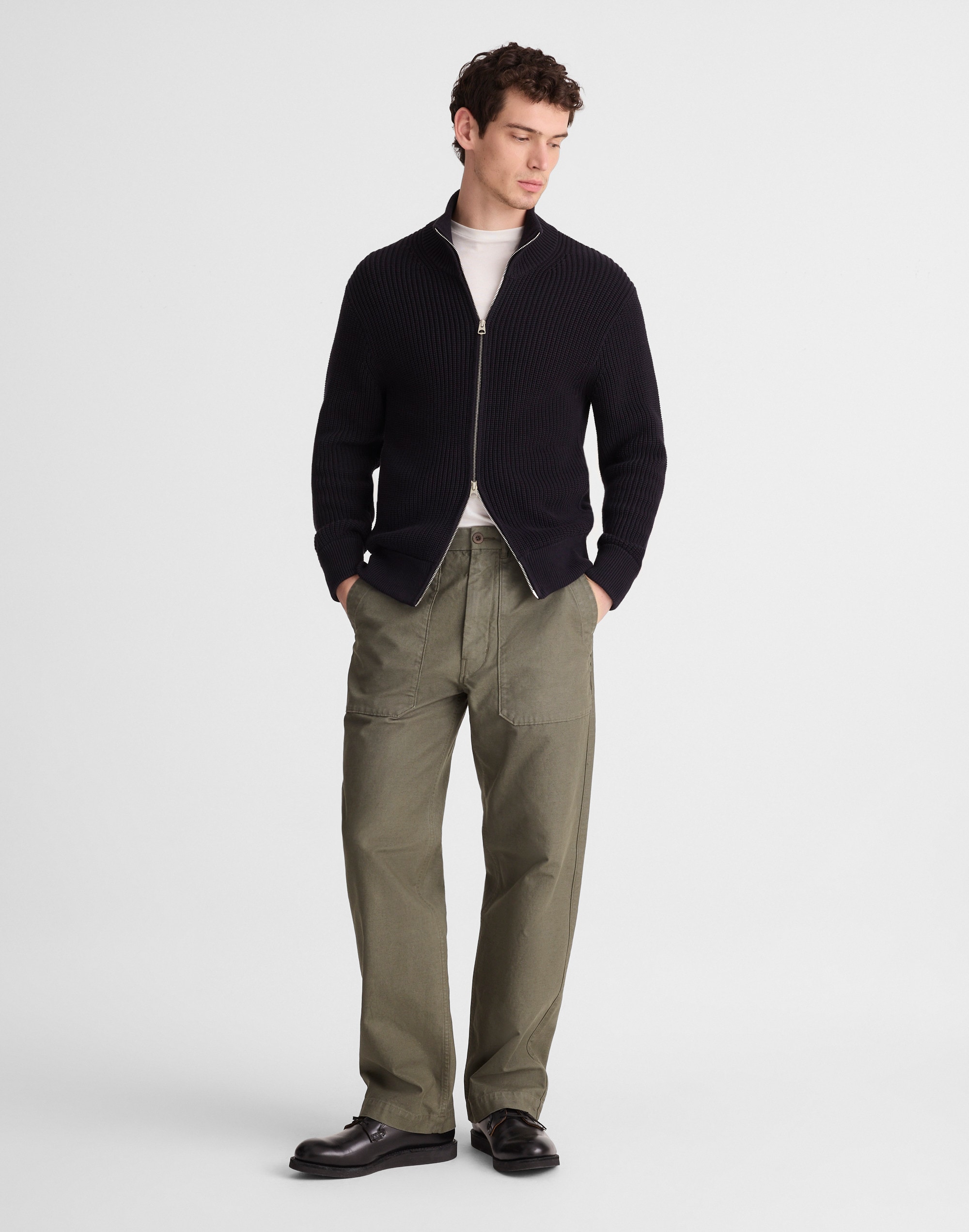Cotton Shaker-Stitch Full-Zip Sweater