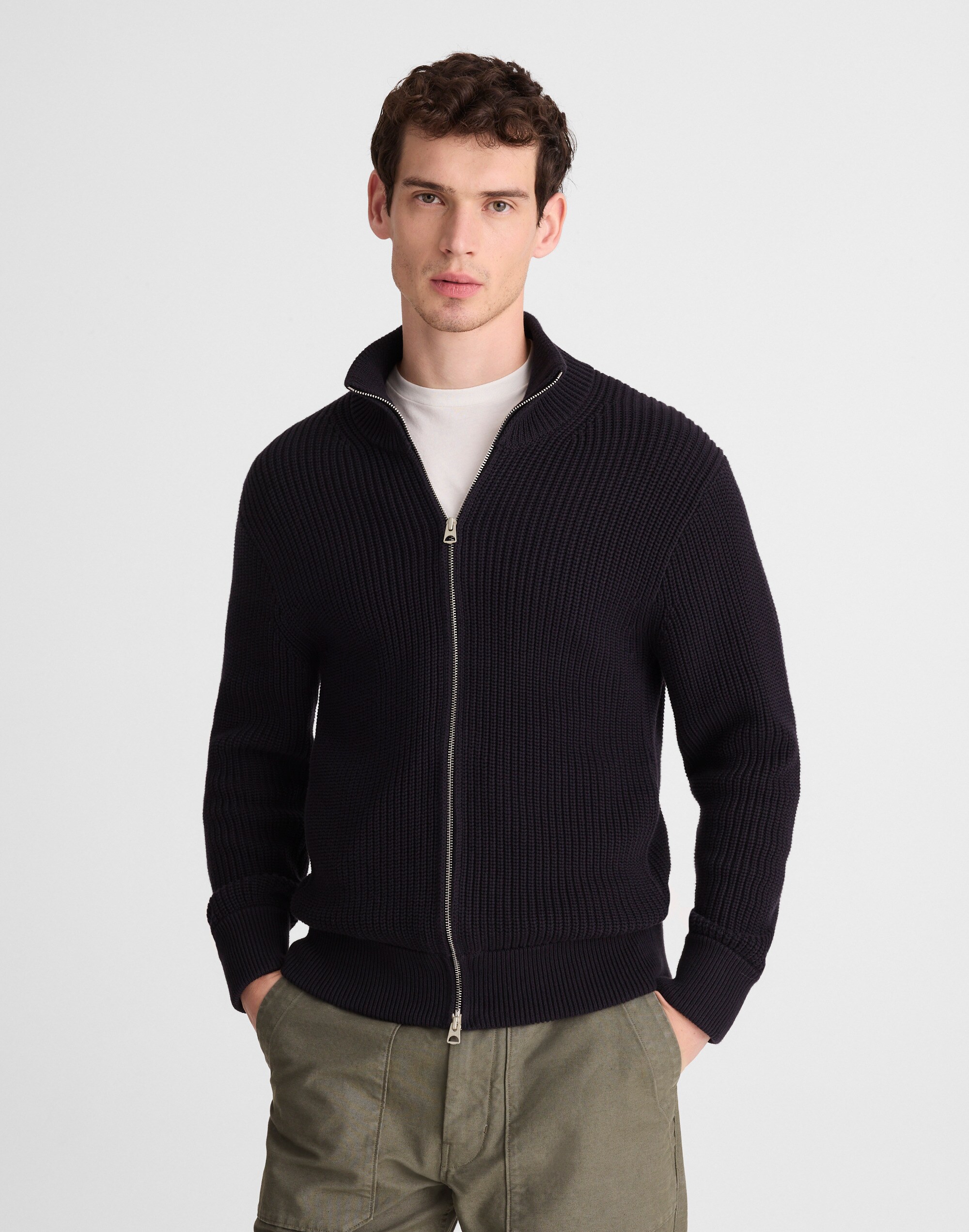 Cotton Shaker-Stitch Full-Zip Sweater