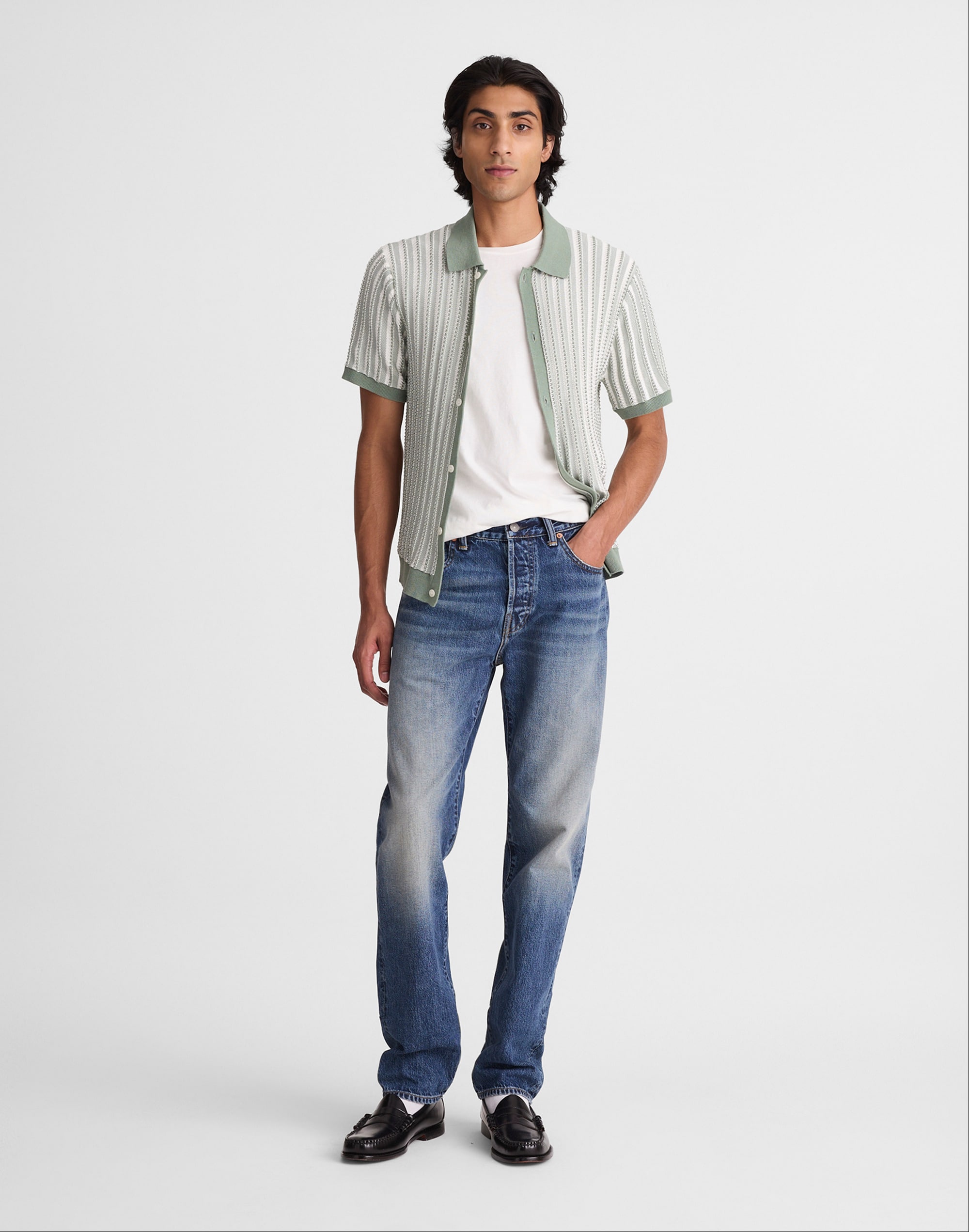 Madewell Core Cotton Vertical Stripe Polo Frosted Cypress In Green