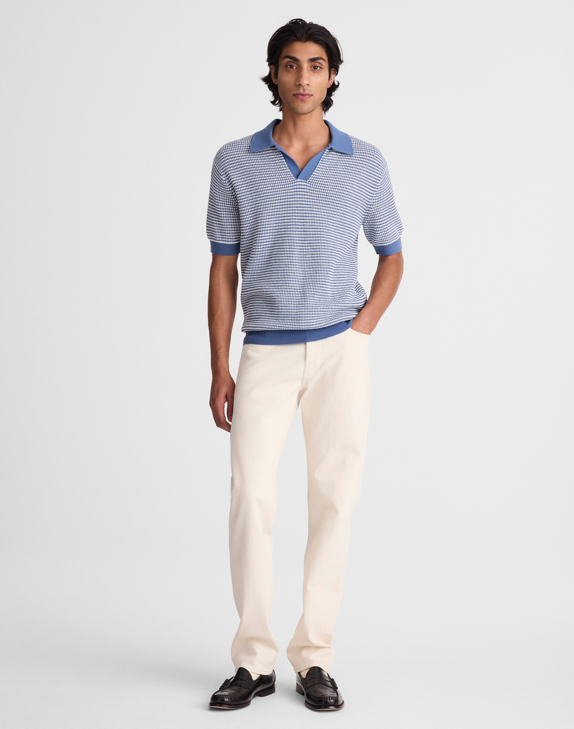 Textured-Stitch Johnny-Collar Sweater Polo