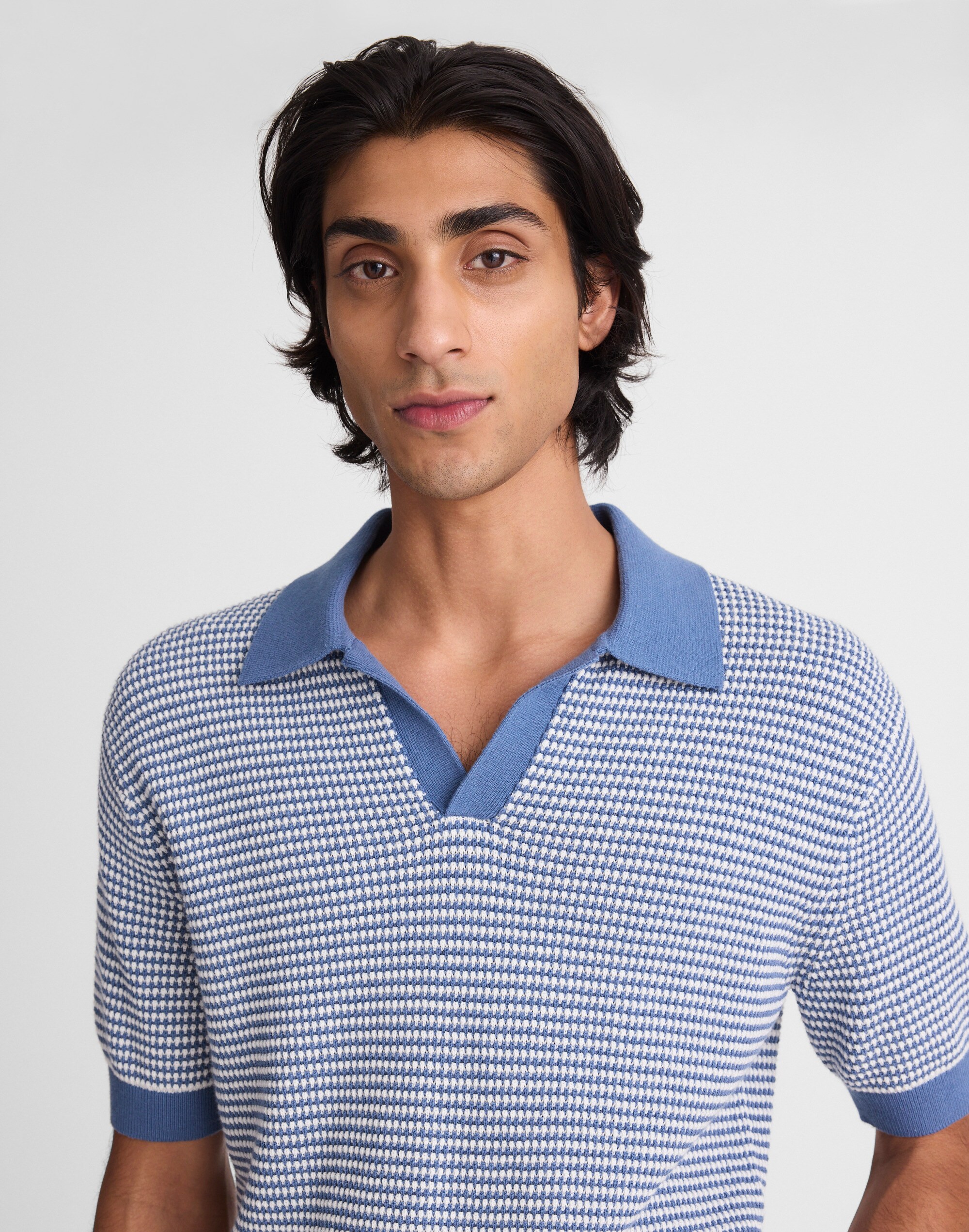 Textured-Stitch Johnny-Collar Sweater Polo